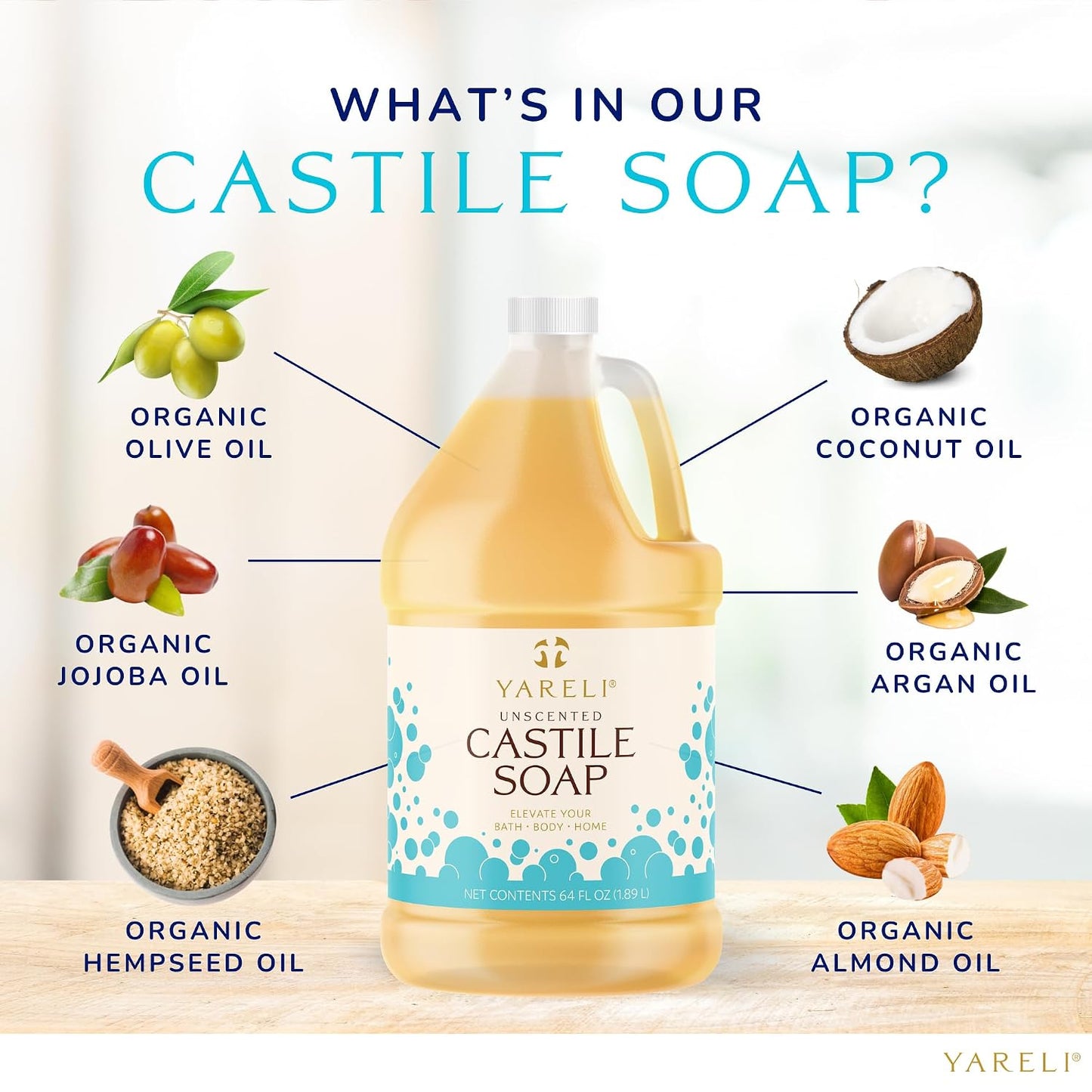 YARELI Pure Castile Soap Liquid Unscented 64Oz – Organic Oils, Fragrance-Free Body Wash, Castile Soap for Bath Body Home Laundry – Made in USA, Vegan