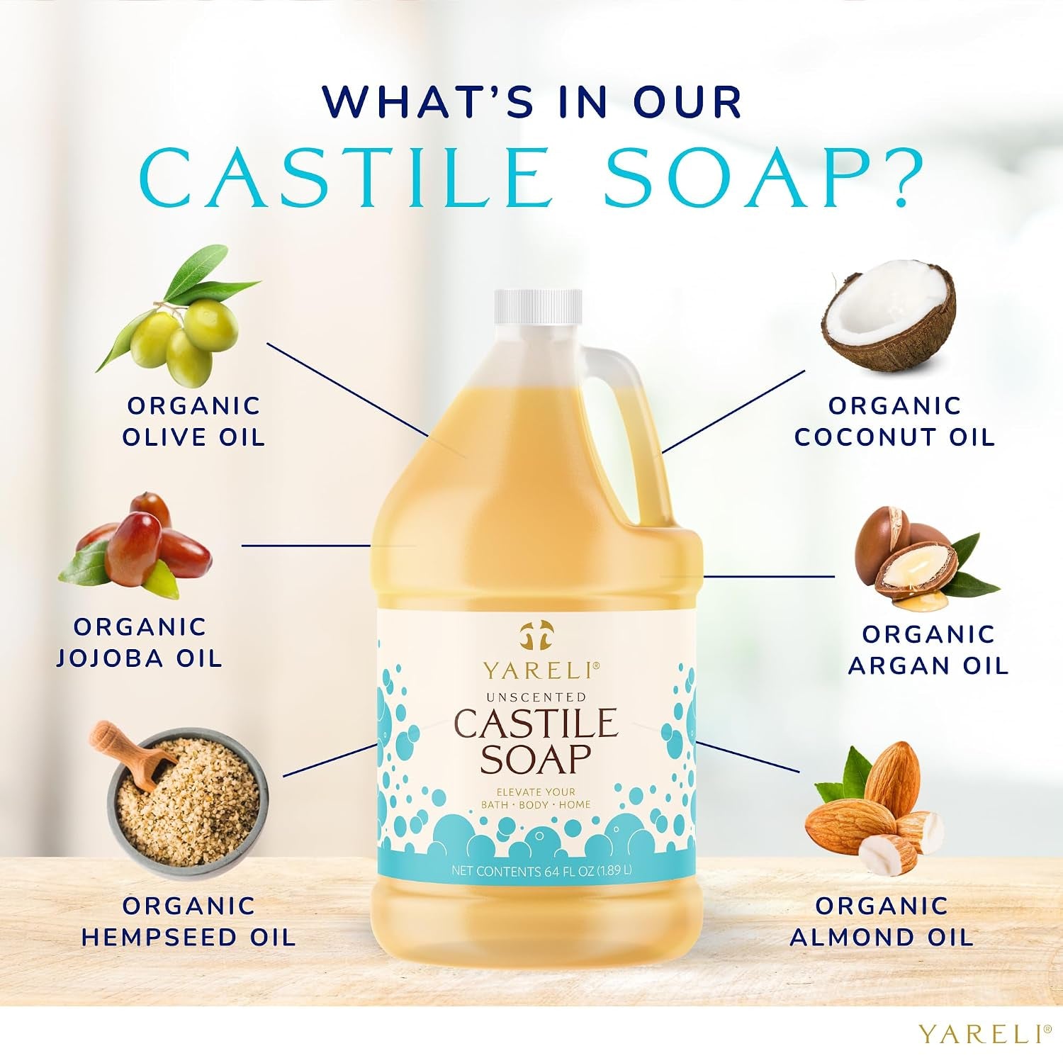 YARELI Pure Castile Soap Liquid Unscented 64Oz – Organic Oils, Fragrance-Free Body Wash, Castile Soap for Bath Body Home Laundry – Made in USA, Vegan