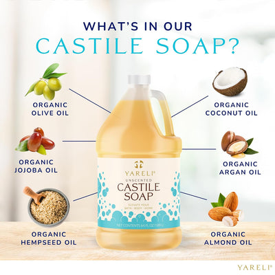 YARELI Pure Castile Soap Liquid Unscented 64Oz – Organic Oils, Fragrance-Free Body Wash, Castile Soap for Bath Body Home Laundry – Made in USA, Vegan