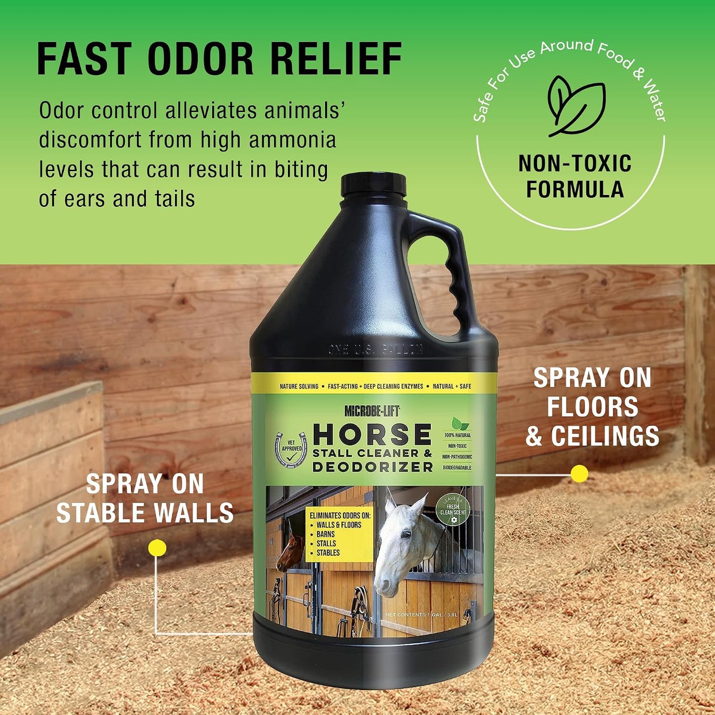 MICROBE-LIFT Horse Stall Cleaner and Deodorizer for Use in Stables, Barns, Use on All Surfaces and Supplies, Highly Concentrated and Safe Formula, Fresh Clean Scent, 1 Gallon
