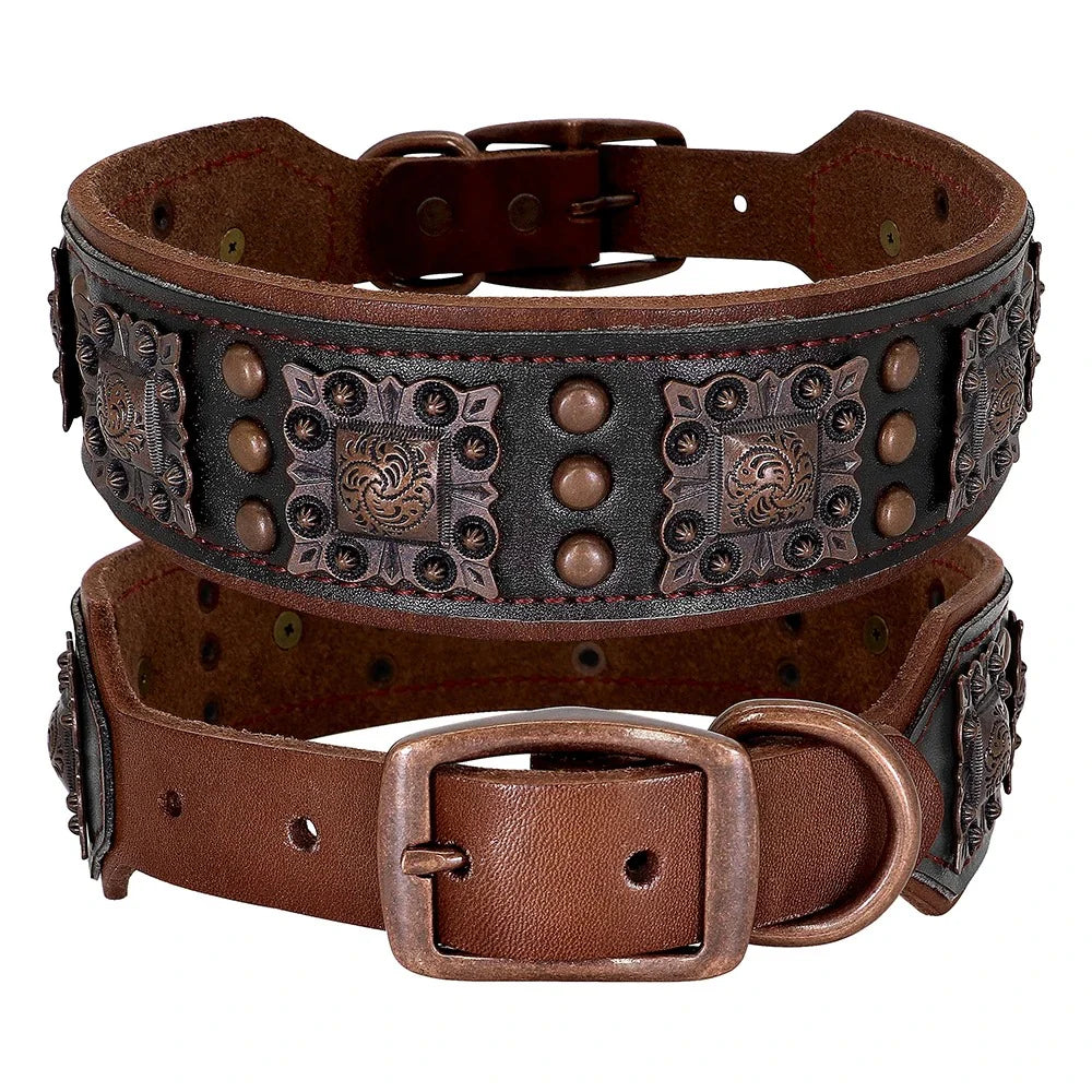 Cool Spiked Dog Collar for Medium Large Dogs Genuine Leather Pitbull Bulldog Adjustable Pet Accessories Collars Necklace (L)