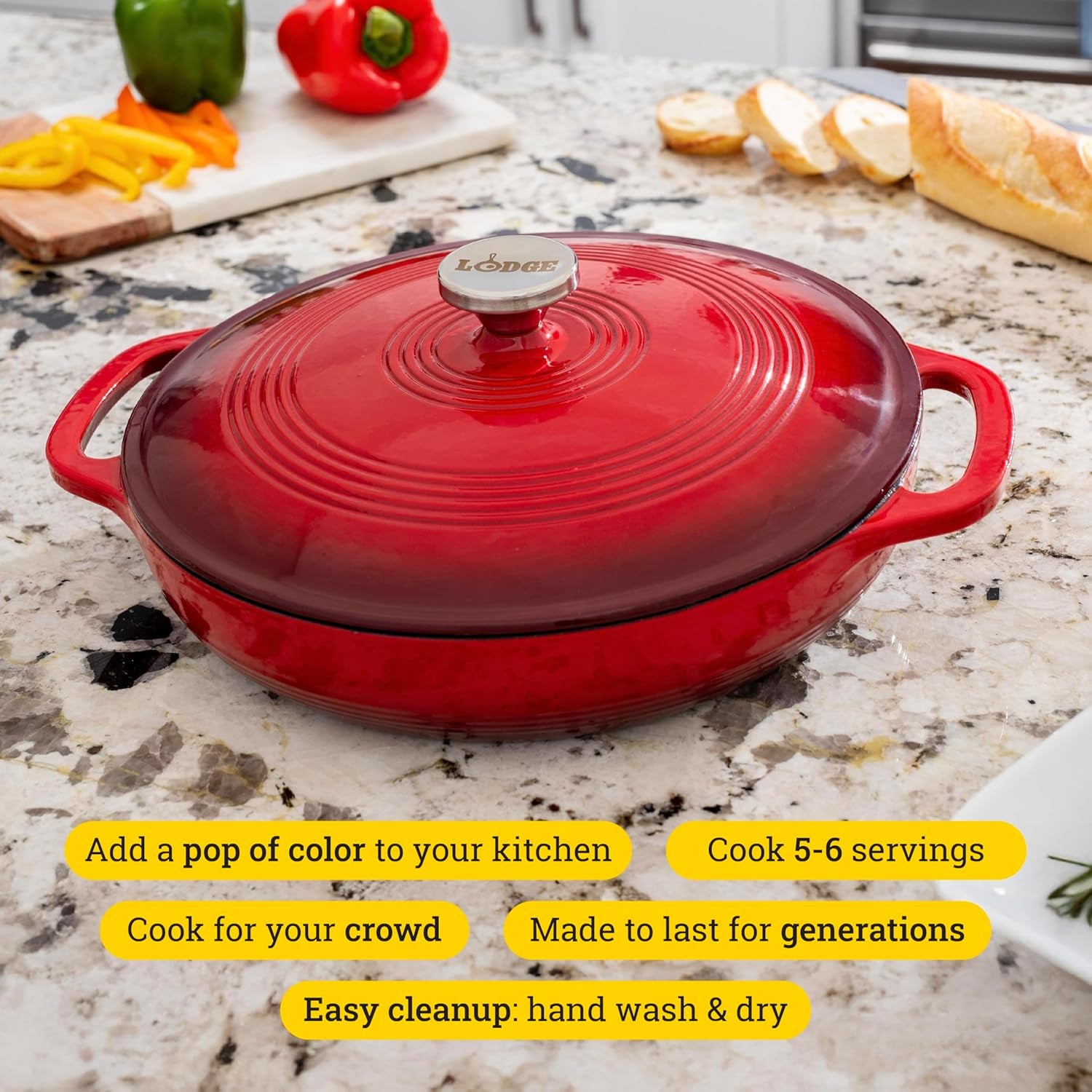 Lodge 3.6 Quart Enameled Cast Iron Oval Casserole with Lid– Dual Handles – Oven Safe up to 500° F or on Stovetop - Use to Marinate, Cook, Bake, Refrigerate and Serve – Island Spice Red