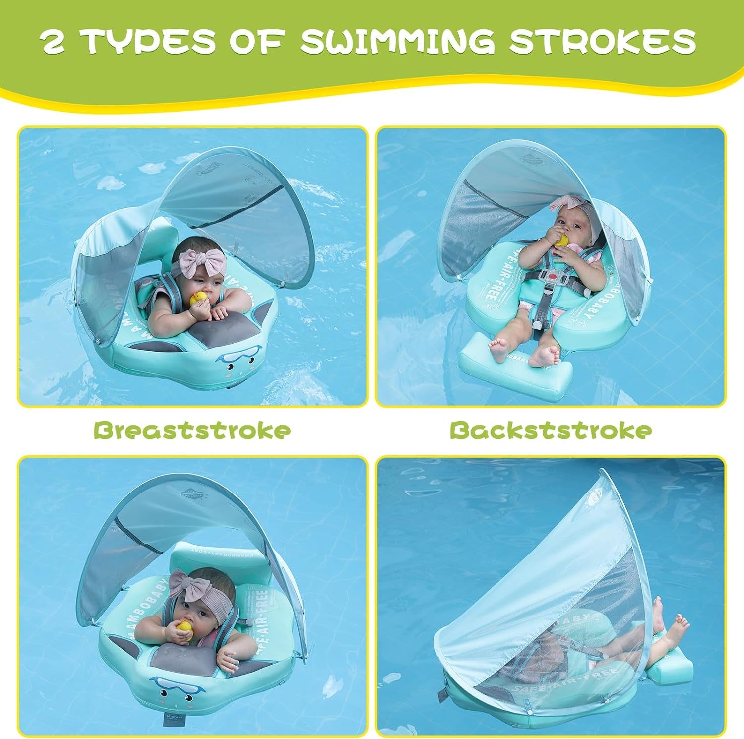 Baby Floats for Pool with Canopy Removable UPF 50+ UV Sun Protection Canopy Mambobaby Float Non Inflatable Upgrade Add Tail Avoid Flip Waterproof Skin-Friendly Infant Swim Float 3-24 Months