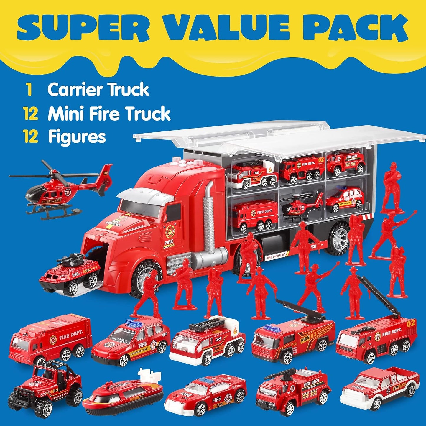 JOYIN 25Pcs Die-Cast Construction Play Vehicle Set with 25Pcs Rescue Emergency Fire Truck Car Vehicle Toy Set, Carrier Truck with Sounds and Lights, Birthday Gifts for over 3 Years Old Boys