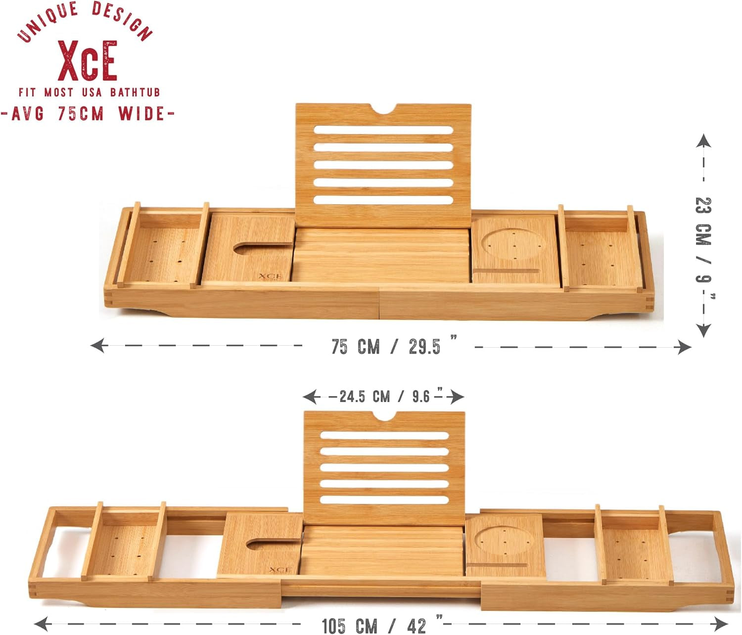 Xce Bamboo Bathtub Caddy Tray - Expandable to 41 Inches with Book Stand, Soap Holder & Anti-Slip Pads for Luxury Bath Spa, Natural