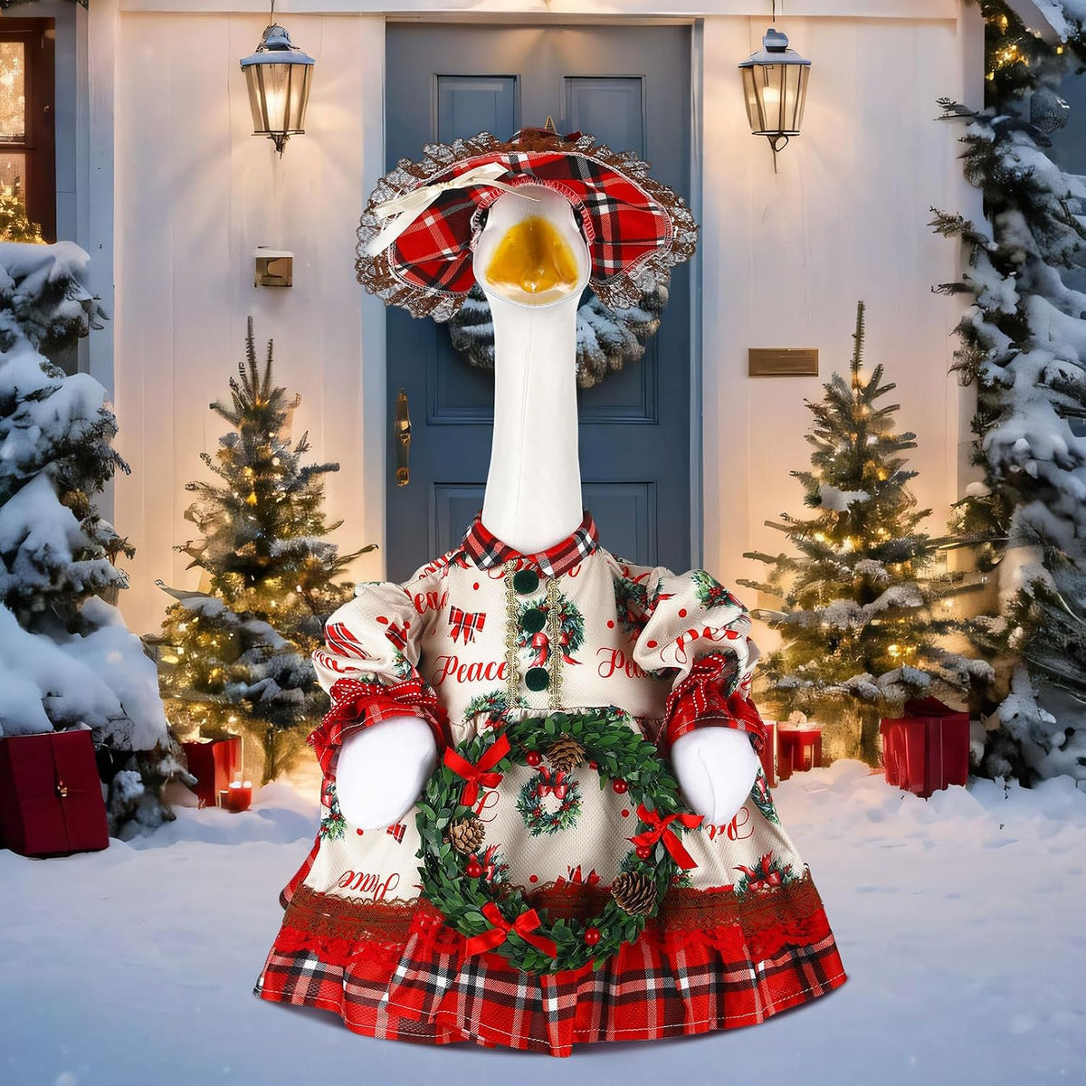 Suzile Christmas Wreath Porch Goose Outfit, 23 Inch Cement Plastic Geese