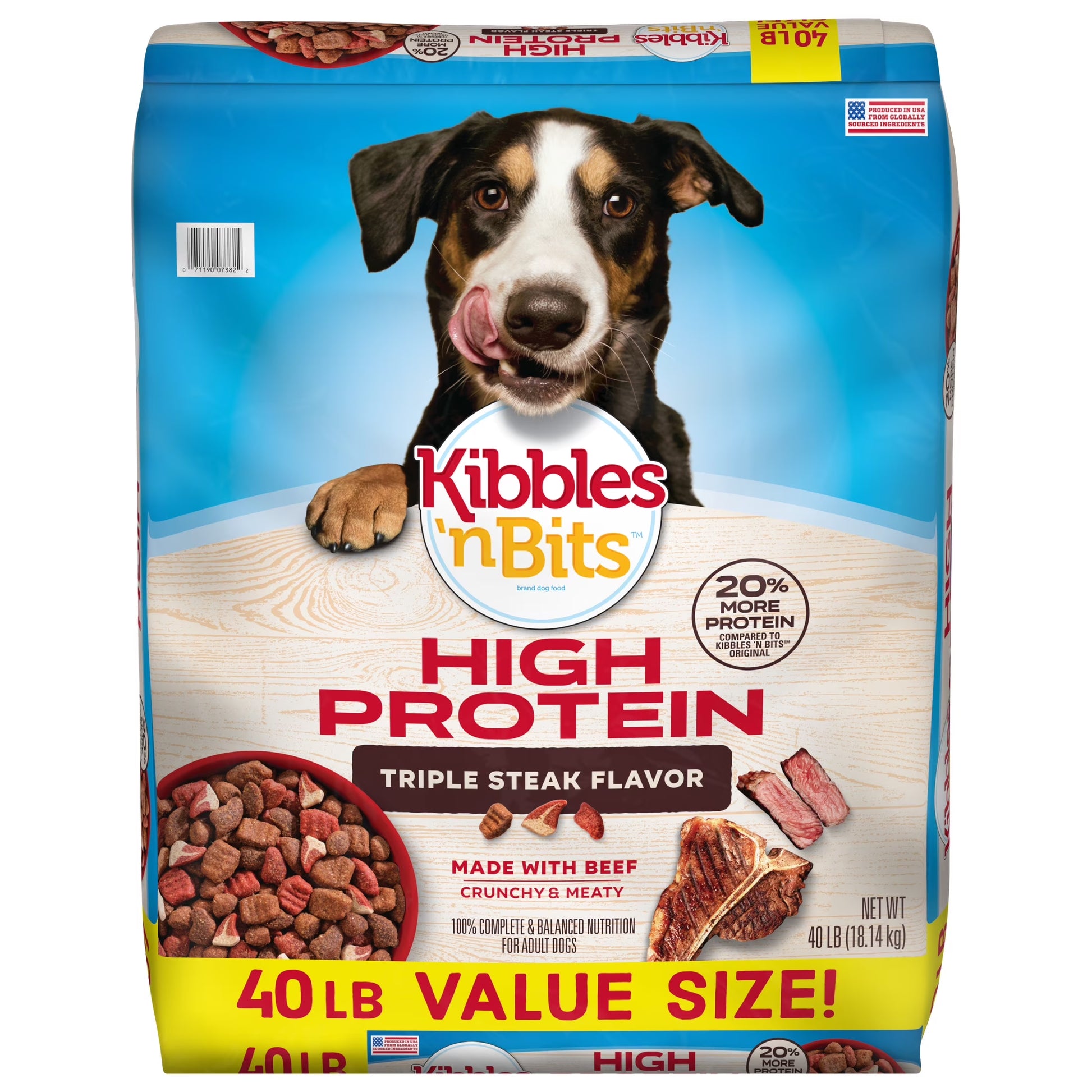 Kibbles 'N Bits Triple Steak Flavor Dry High Protein Dog Food 40 Lb Bag
