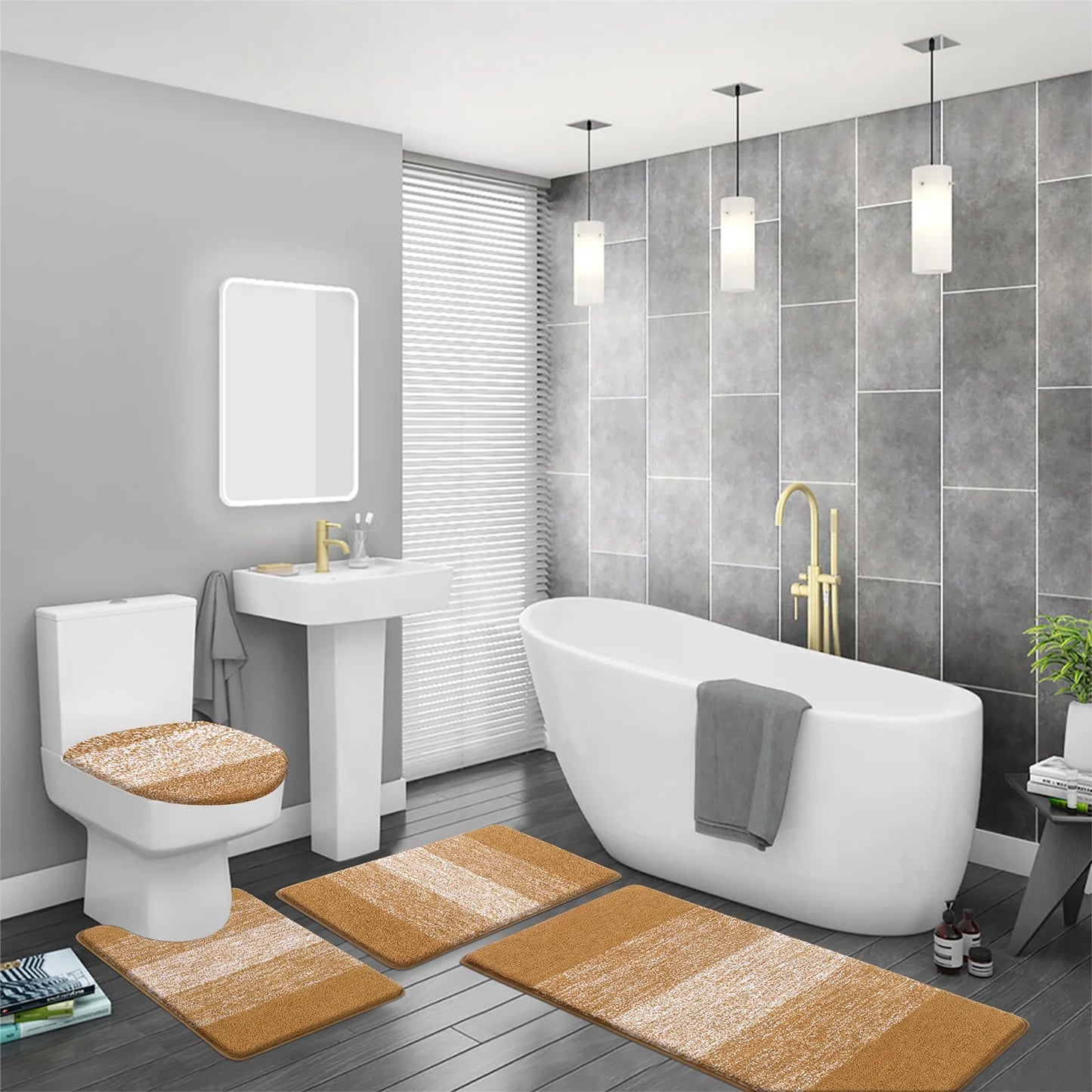 Ileading Traditional 4 Piece Microfiber Washable Bathroom Rug Set