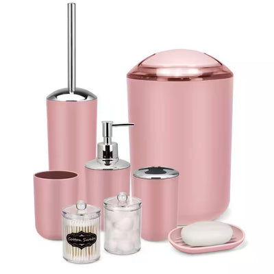 8-Piece Bathroom Accessory Set with Trash Can,Soap Dish,Toothbrush Holder,Cup,Toilet Brush Holder in Pink with Labels