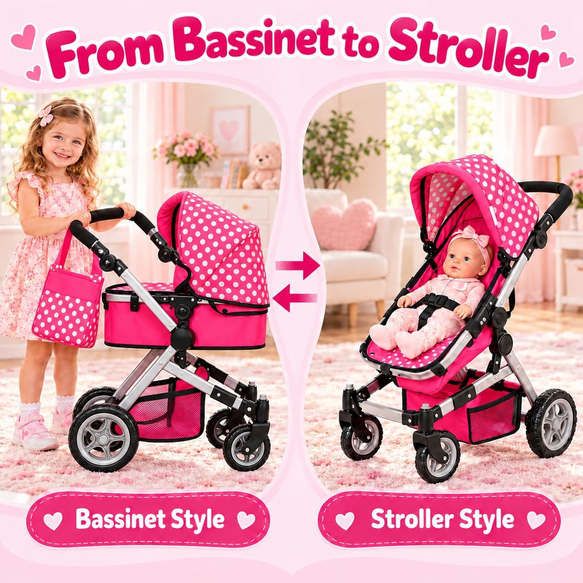 Fash N Kolor Foldable Pram for Baby Doll with Polka Dots Design with Swiveling Wheel Adjustable Handle