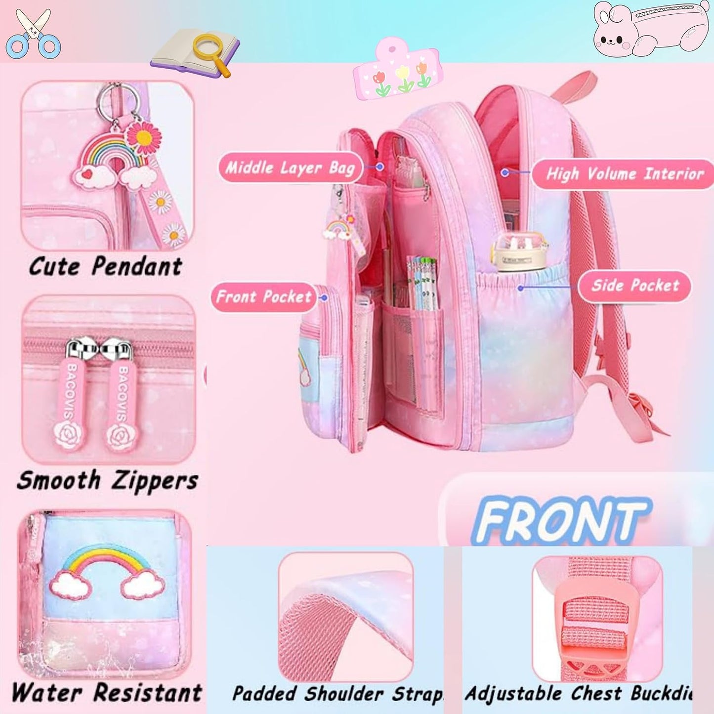 Kids Backpack for Girls.Girls Backpack,School Bag for Kids.Girlsteens Middle Student,Kawaii Children'S Book Bag Pink