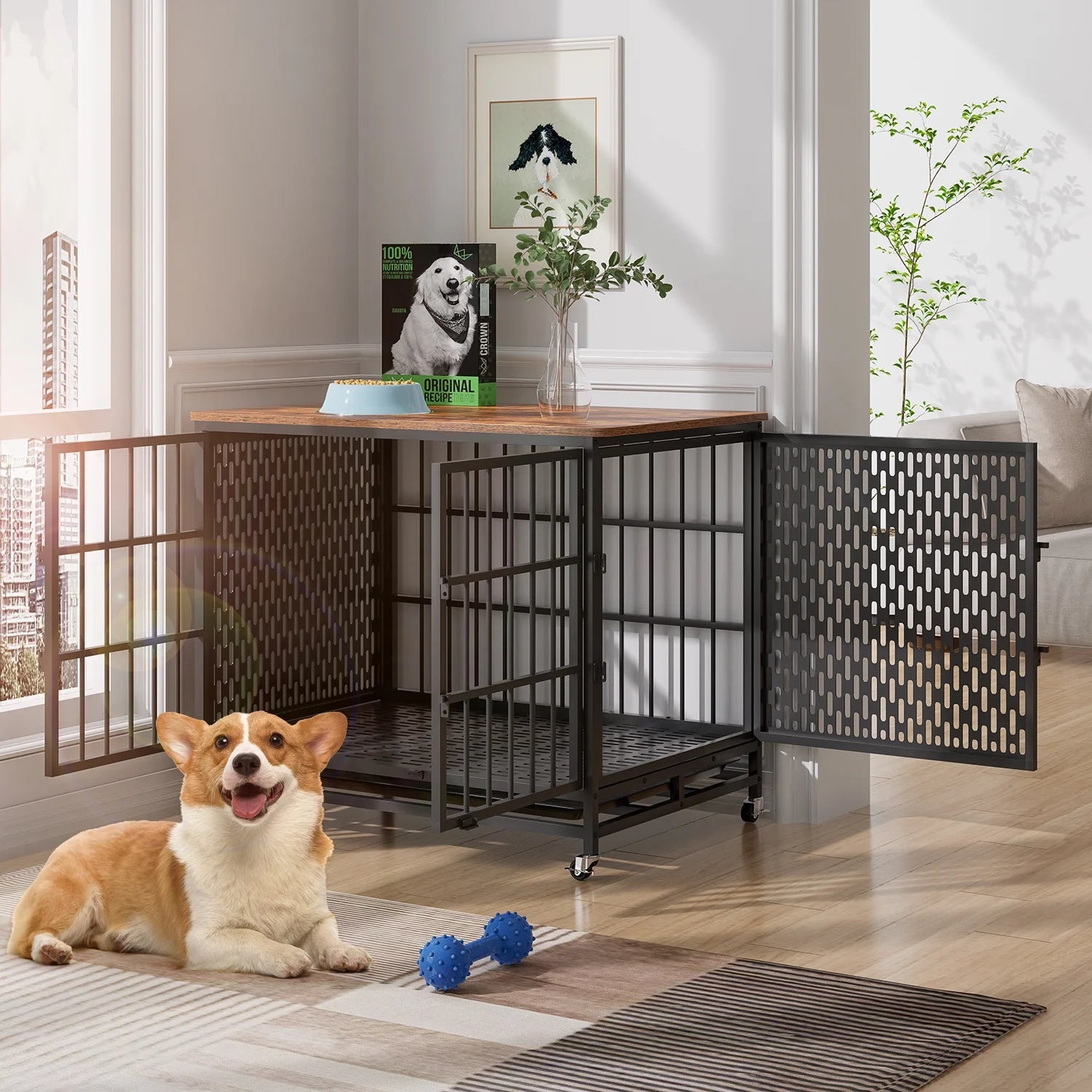 Winkalon 42 Inch Large Dog Crate Rustic Style Furniture Dog Cage Crate with 3 Doors and 4 Wheels Heavy-Duty Kennel,Brown