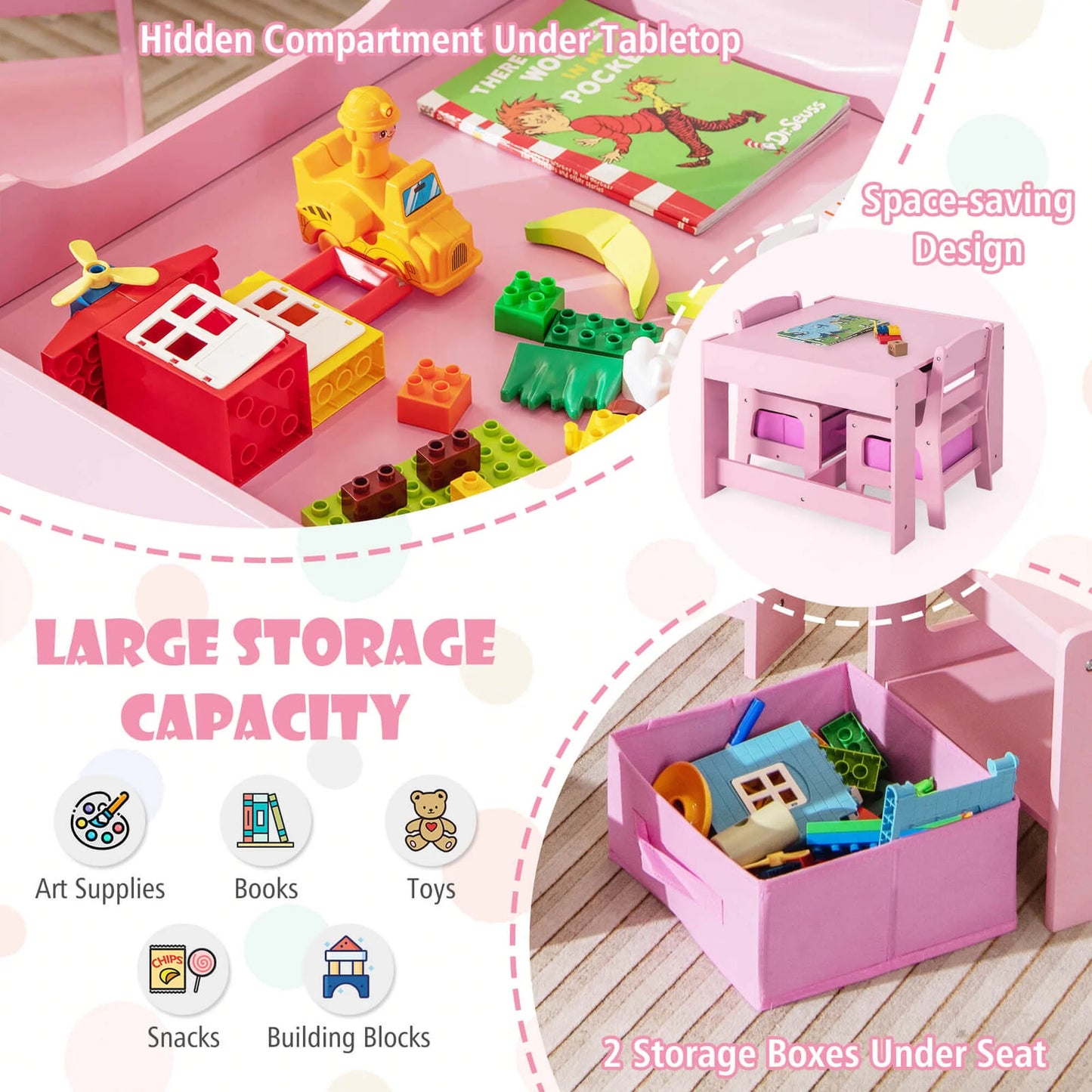 Costway 3 in 1 Wood Activity Table Chair Set W/Storage Box Pink
