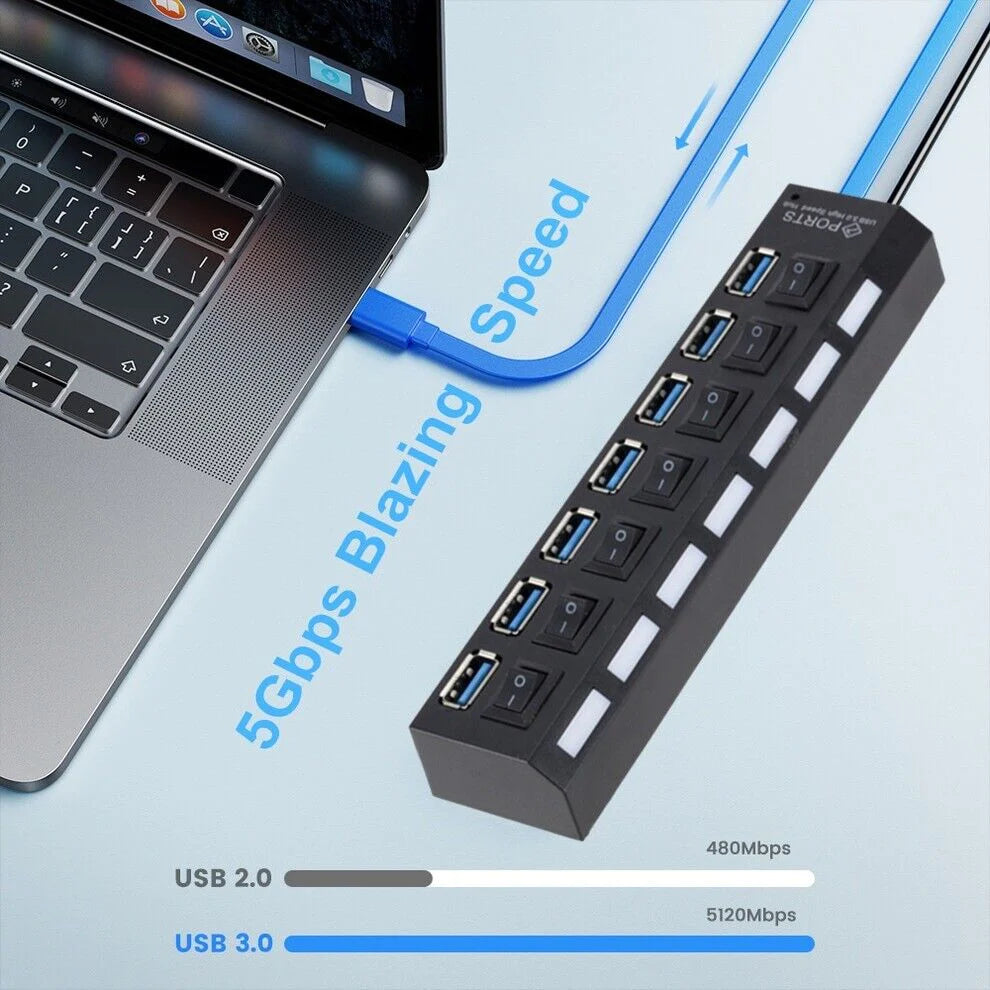 7 Port USB 2.0 / 3.0 Hub Splitter Adapter High Speed for PC Laptop Mac Desktop