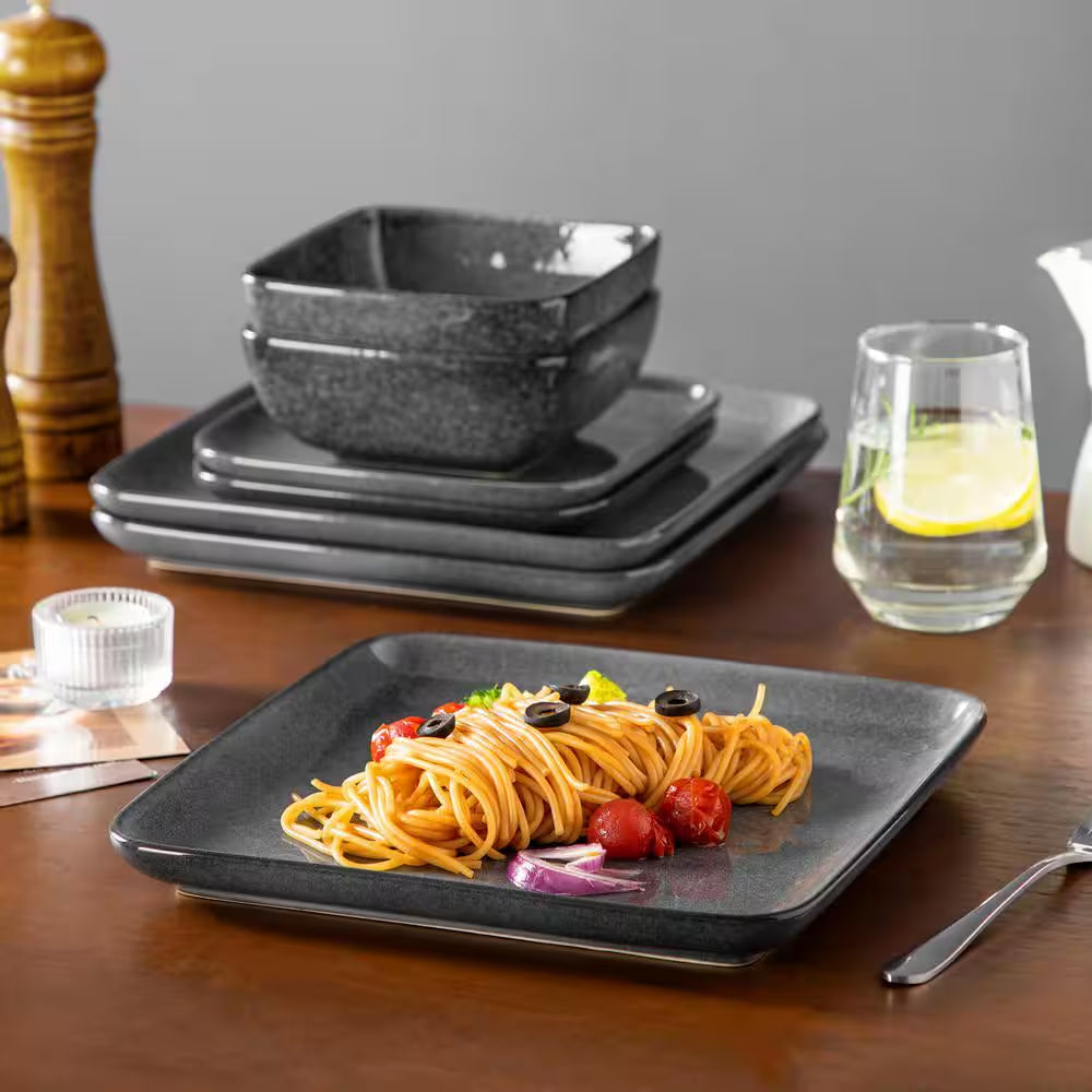 12-Piece Gray Stoneware Dinnerware Set Bowls and Plates Set Service for 4