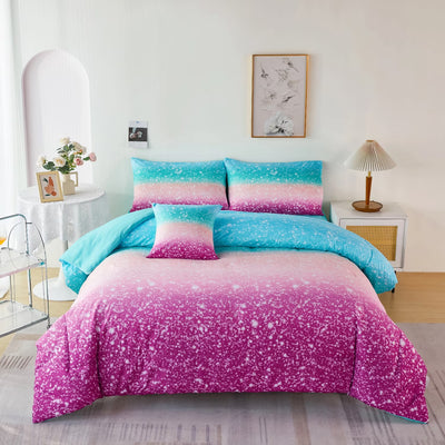 PERFEMET Teal Pink Comforter Set Twin Size 6-Piece 3D Colorful Galaxy Bedding Set for Girls Kids Star Glitter Bed in a Bag for All Season