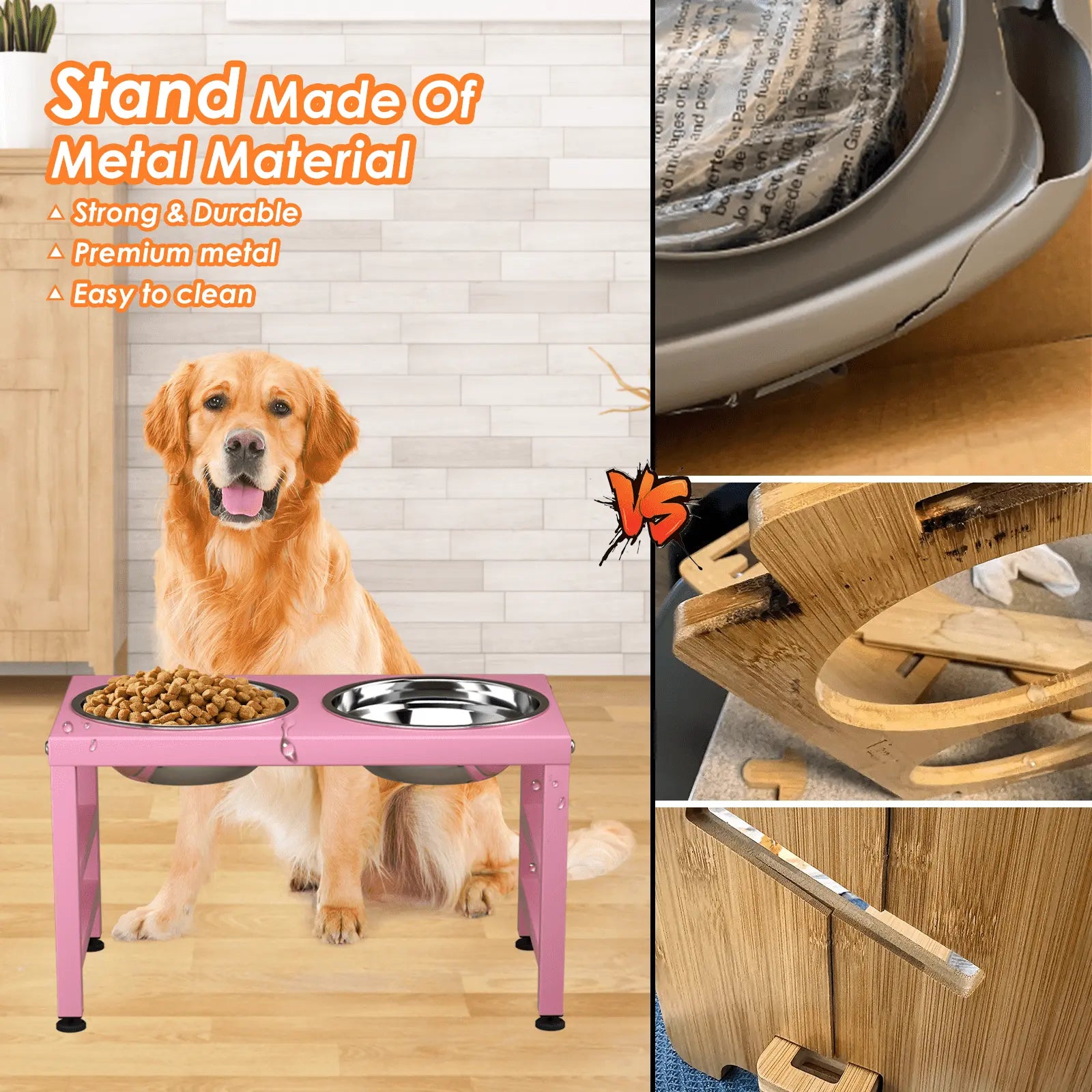 Metal Raised Dog Bowl Stand for Large and Medium Dogs, Strong Elevated Dog Bowls with a Silicone Mat,Pink Dog Food & Water Bowls ,10In Tall Dog Feeder Elevated Bowl