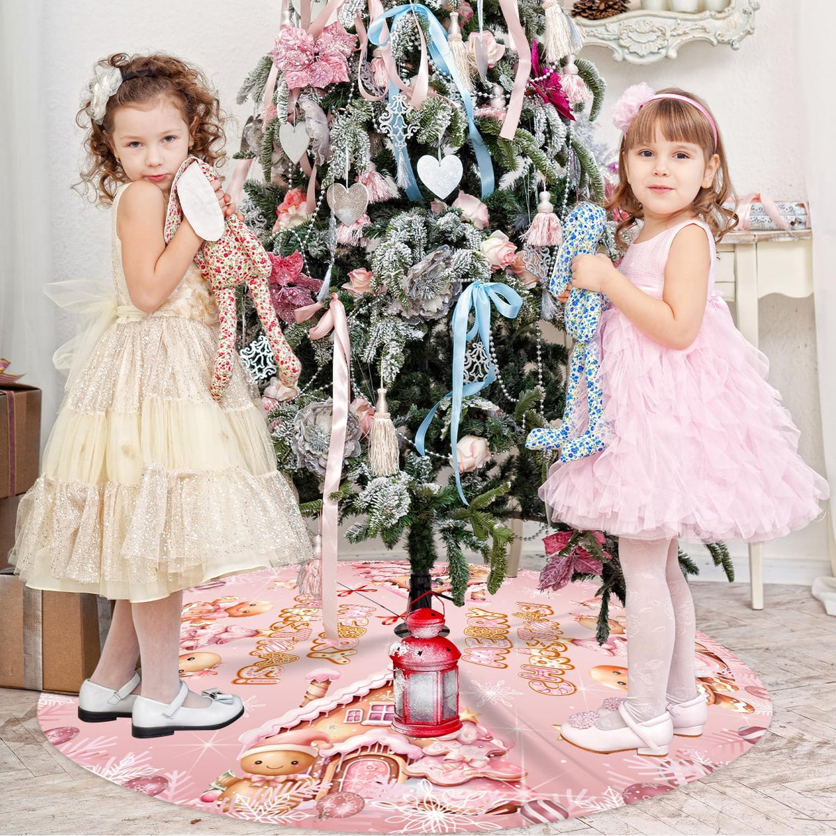 Pink Christmas Tree Skirt 48 Inch, Gingerbread Candy Cane Xmas Tree Decor