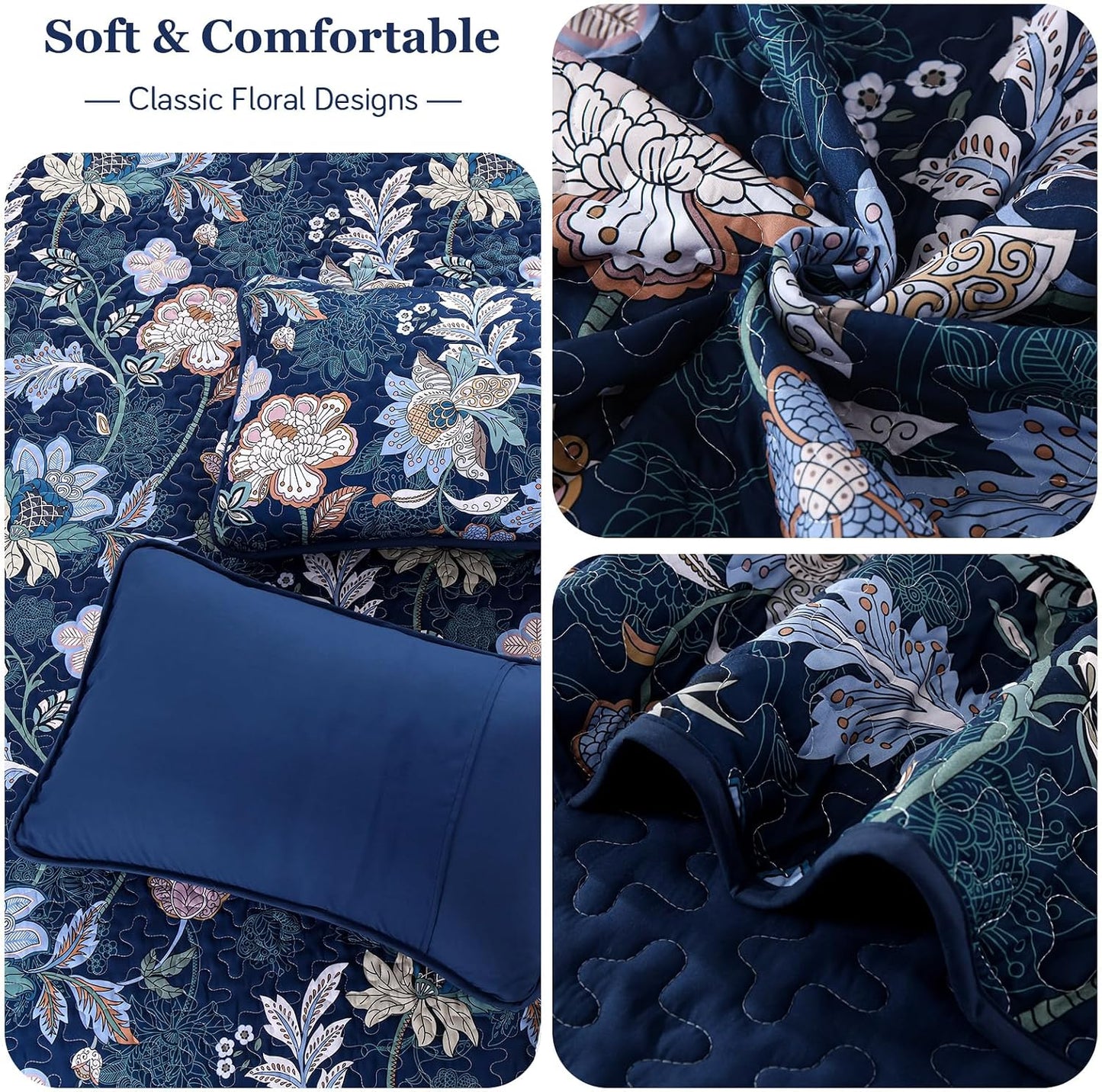 WONGS BEDDING Quilt Set Queen Size, Navy Blue Botanical Queen Bedspread Bedding Sets, 3 Pieces Floral Quilt with 2 Pillowcases,Soft Lightweight Microfiber Coverlet Set for All Season(96"X90")