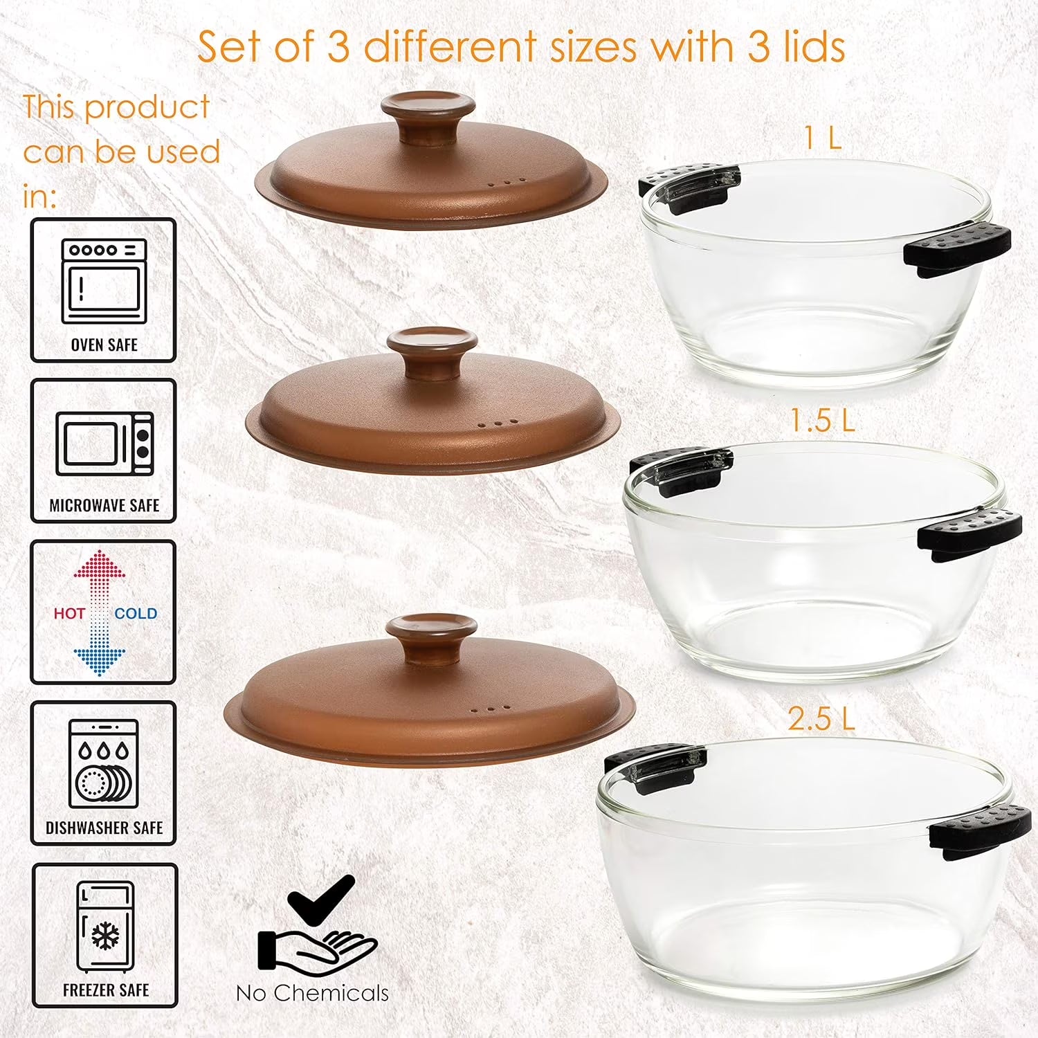 Moss & Stone 3-Piece Kitchen Glass Casserole Dish Set with Lids, Oven & Microwave Safe