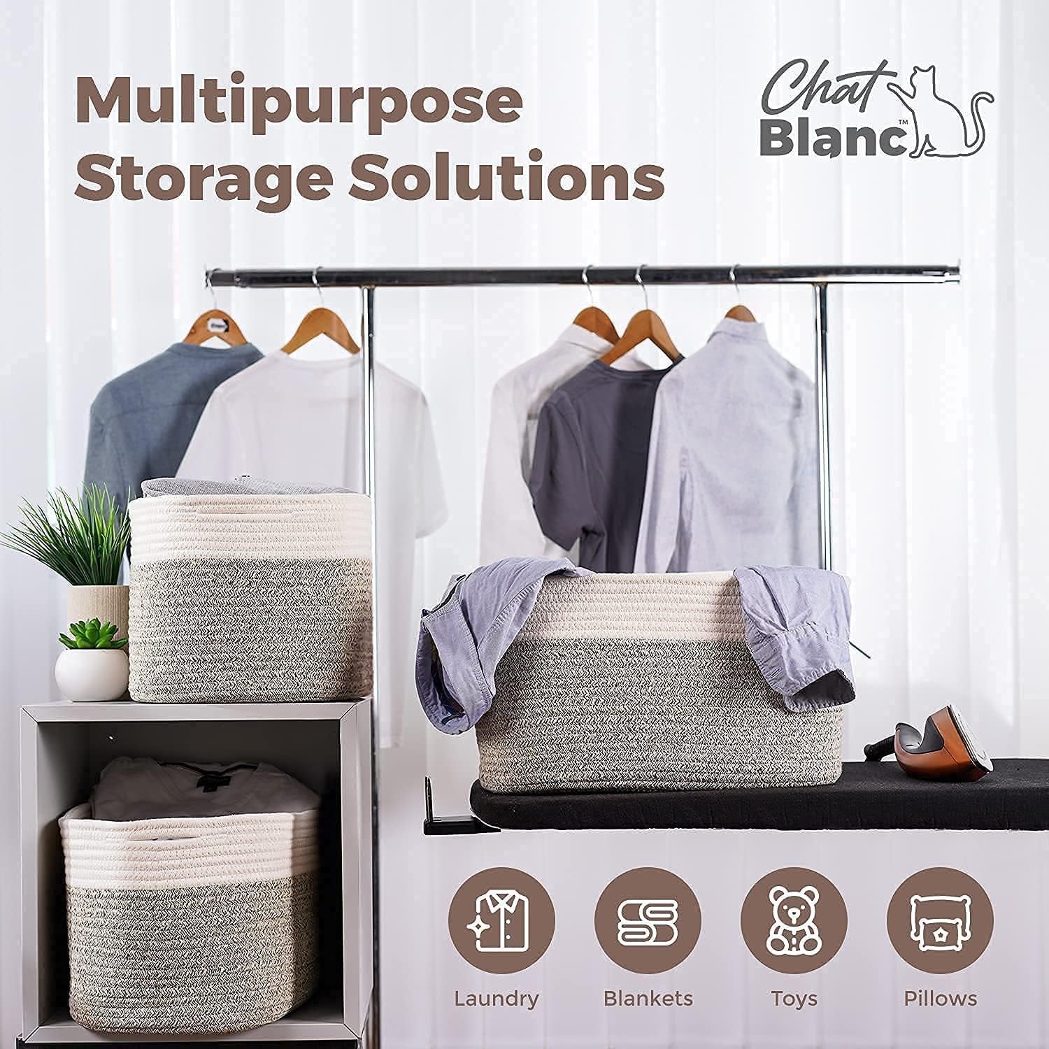 CHAT BLANC Cotton Rope Baskets for Organizing | 15”X10”X9” Storage Baskets for Shelves | Small Laundry Woven Baskets for Storage, Dog Toy Bin, Baby Basket,Off White&Brown 3 Pack