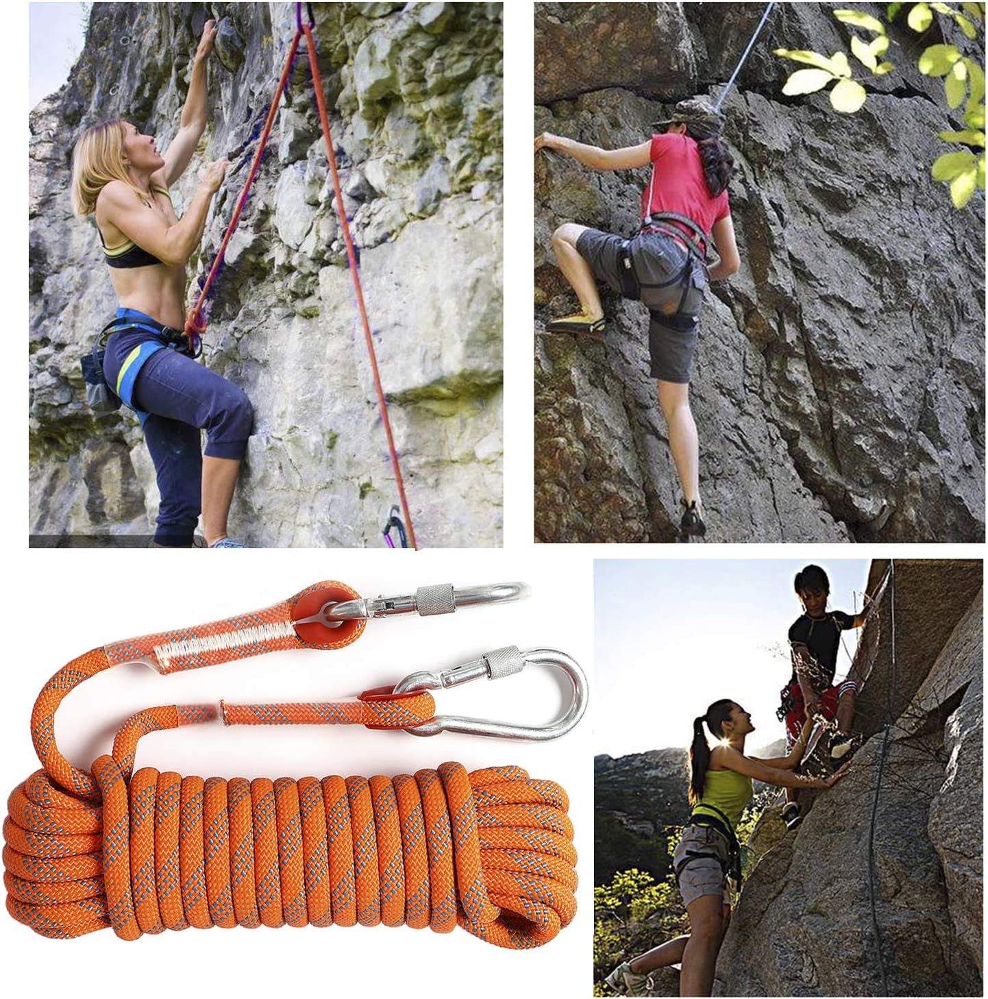 10Mm Static Rock Climbing Rope 200FT Outdoor,Safety Ropes with Carabiner,Arborist Tree Climbing, Magnet Fishing Rope,Rescue Grappling Lifeline Escape Descender Abseiling Rope Orange