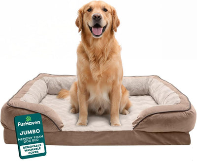 Furhaven Memory Foam Dog Bed for Large Dogs W/ Removable Bolsters & Washable Cover, for Dogs up to 95 Lbs - Plush & Velvet Waves Perfect Comfort Sofa - Brownstone, Jumbo/Xl