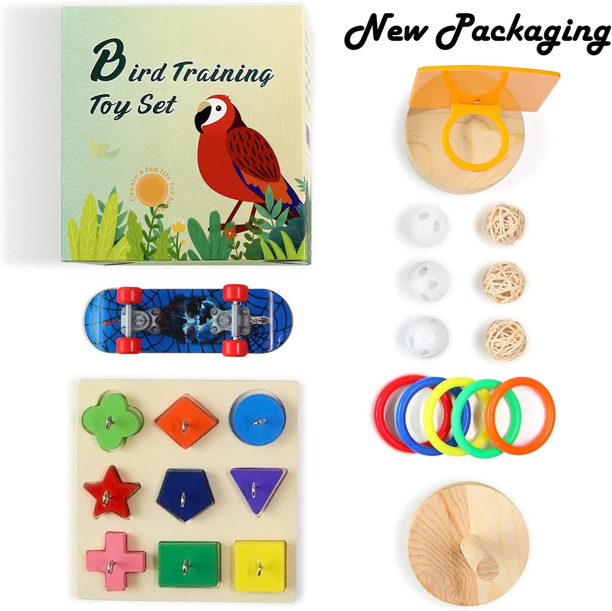 Bird Toys for Parakeets,5Pcs Parrot Toys Set (Include Basketball Hop,Skateboard,Stacking,Parrot Wooden Block Puzzles,Small Sepak Takraw) Parakeet Toys for Bird Training Toys