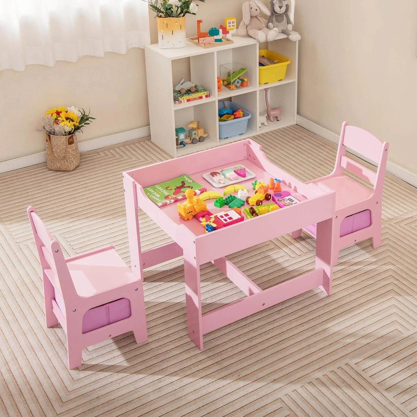 Costway 3 in 1 Wood Activity Table Chair Set W/Storage Box Pink