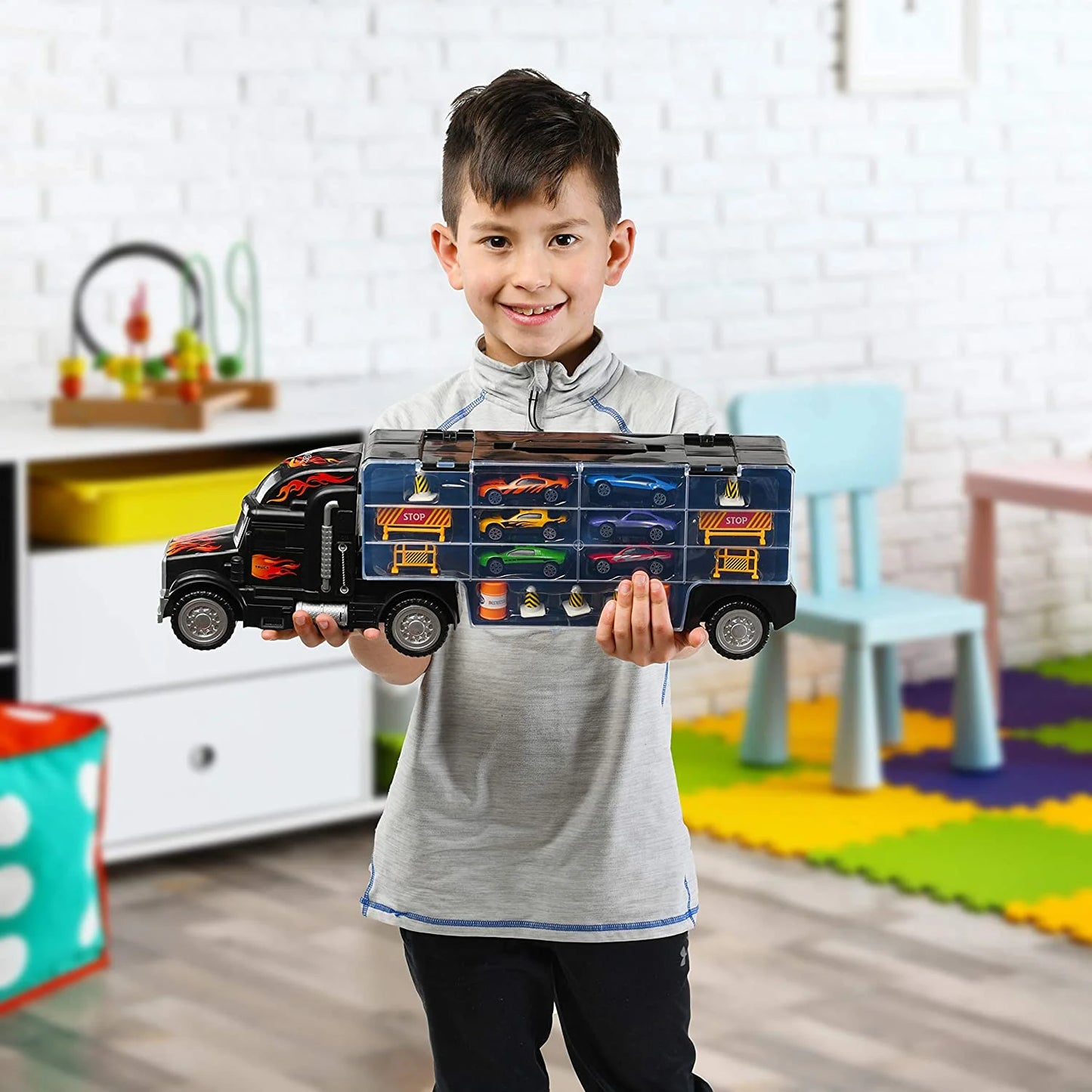 Toy Truck Transport Car Carrier - Toy Truck Includes 6 Toy Cars and Accessories - Toy Trucks Fits 28 Toy Car Slots - Great Car Toys Gift for Boys and Girls - Original by Play22Usa