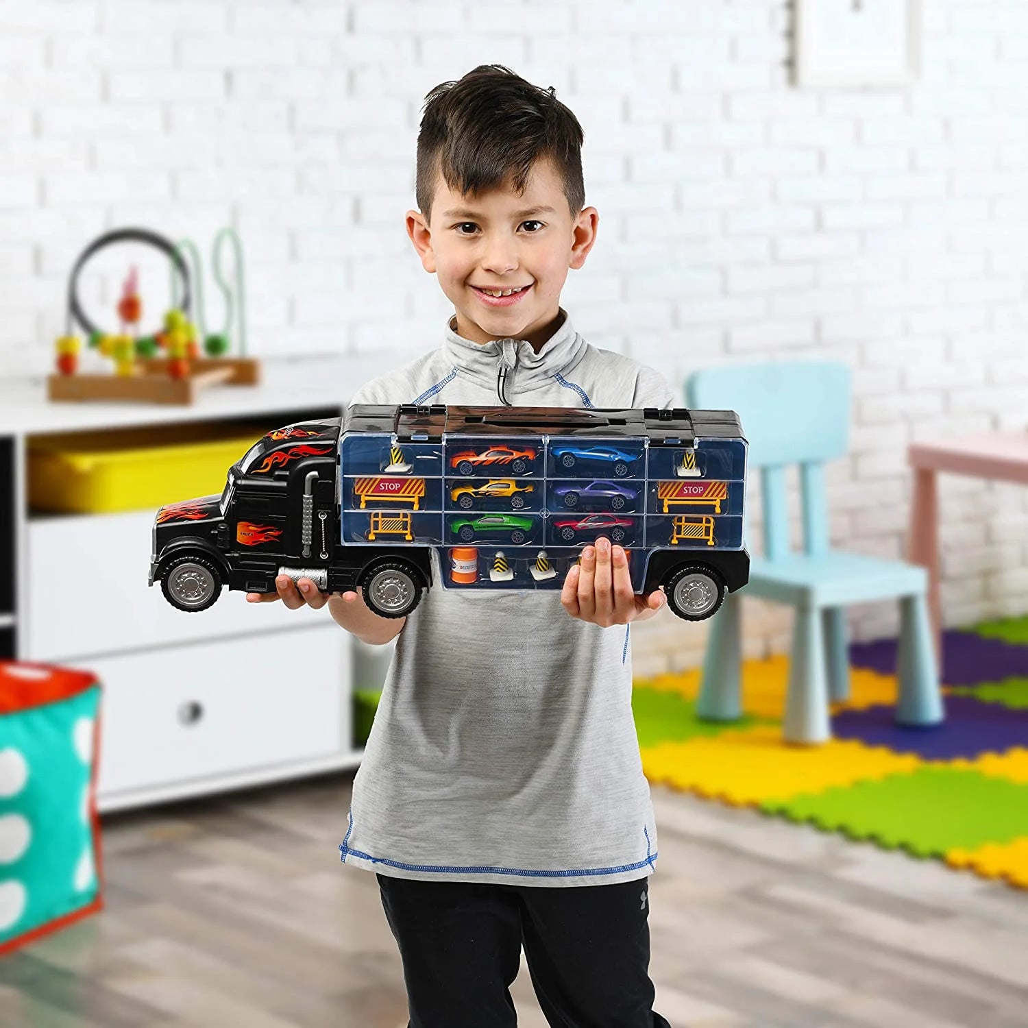 Toy Truck Transport Car Carrier - Toy Truck Includes 6 Toy Cars and Accessories - Toy Trucks Fits 28 Toy Car Slots - Great Car Toys Gift for Boys and Girls - Original by Play22Usa