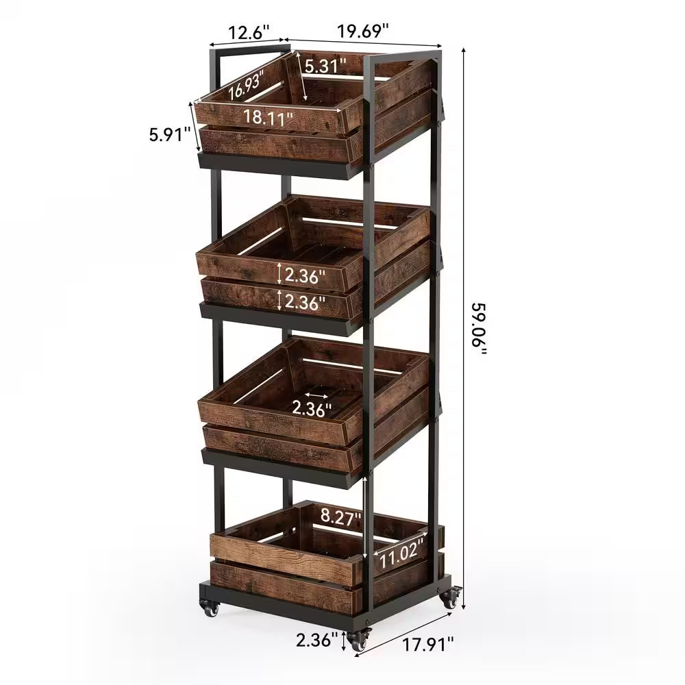 59 In. H Brown Wood 4-Tier Kitchen Cart Mobile Fruit and Vegetable Storage Utility Shelf Organizer Rack with Wheels