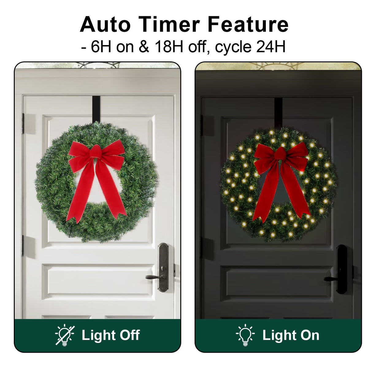 24Inch Christmas Wreath Prelit Warm White USB Lights with Hanger and Remote for Outdoor Indoor Decorations