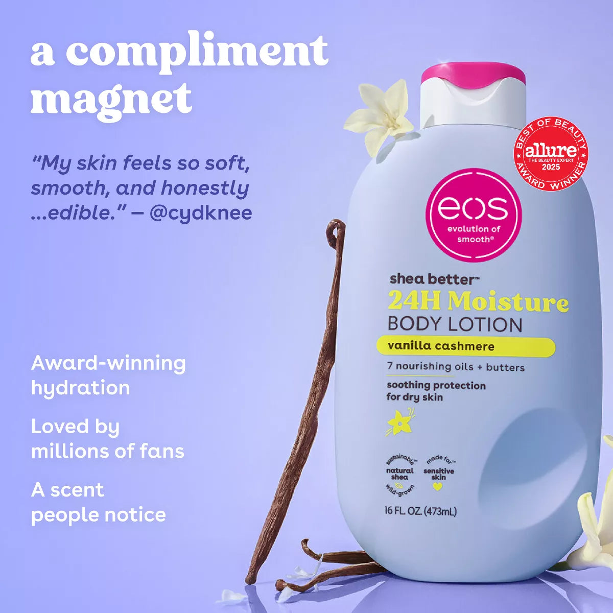Eos Shea Better Moisture Body Lotion - Vanilla Cashmere - 16 Fl Oz: Plastic Pump, Hypoallergenic, Paraben-Free, for Dry Skin
