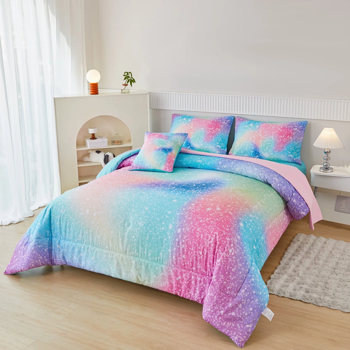 PERFEMET Kids Queen Comforter Set Girls,6-Piece Colorful Rainbow Bedding Set,All-Season Galaxy Star Bed Set with Sheets for Queen Beds