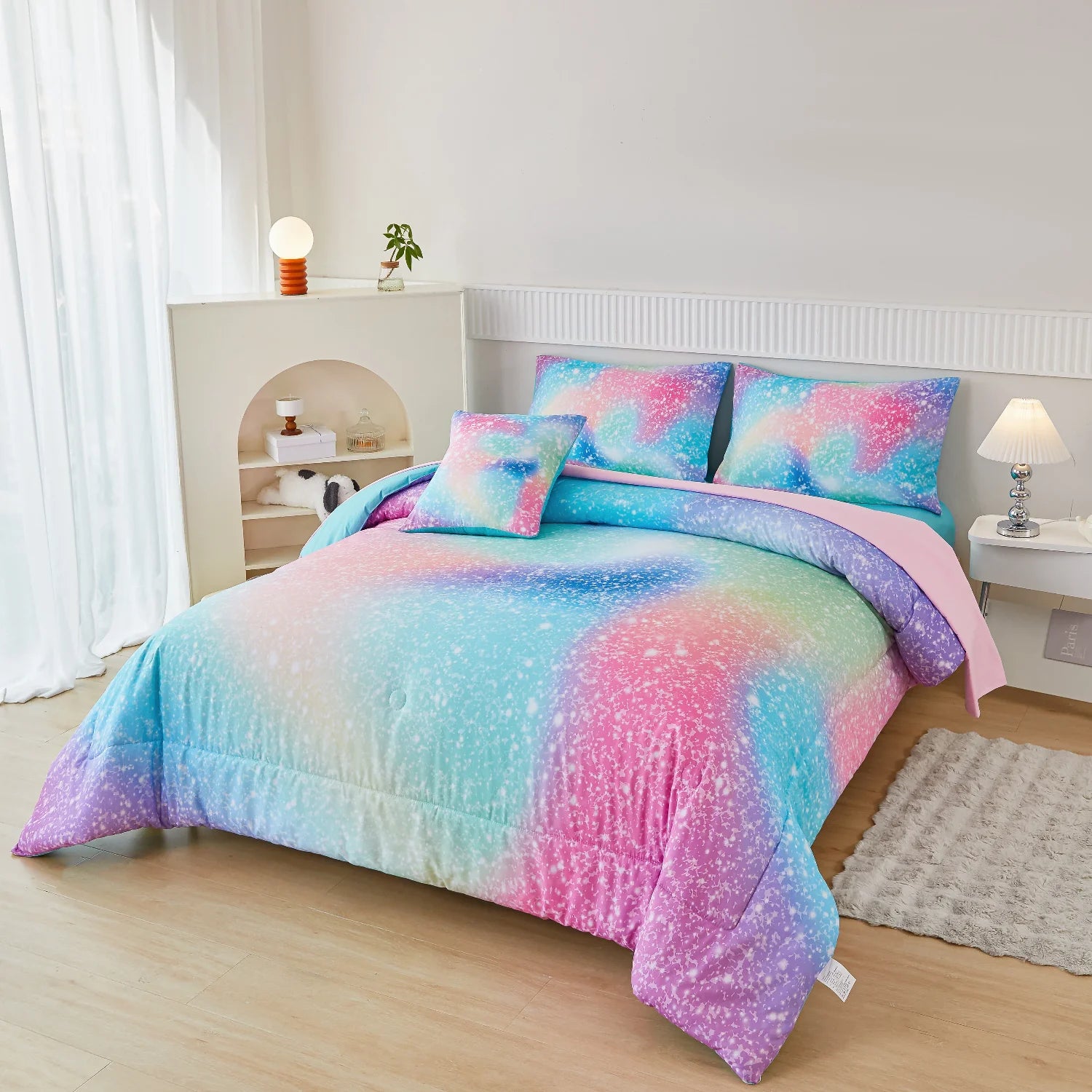 PERFEMET Kids Queen Comforter Set Girls,6-Piece Colorful Rainbow Bedding Set,All-Season Galaxy Star Bed Set with Sheets for Queen Beds