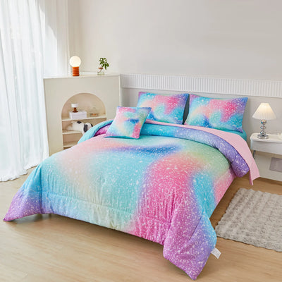 PERFEMET Kids Queen Comforter Set Girls,6-Piece Colorful Rainbow Bedding Set,All-Season Galaxy Star Bed Set with Sheets for Queen Beds