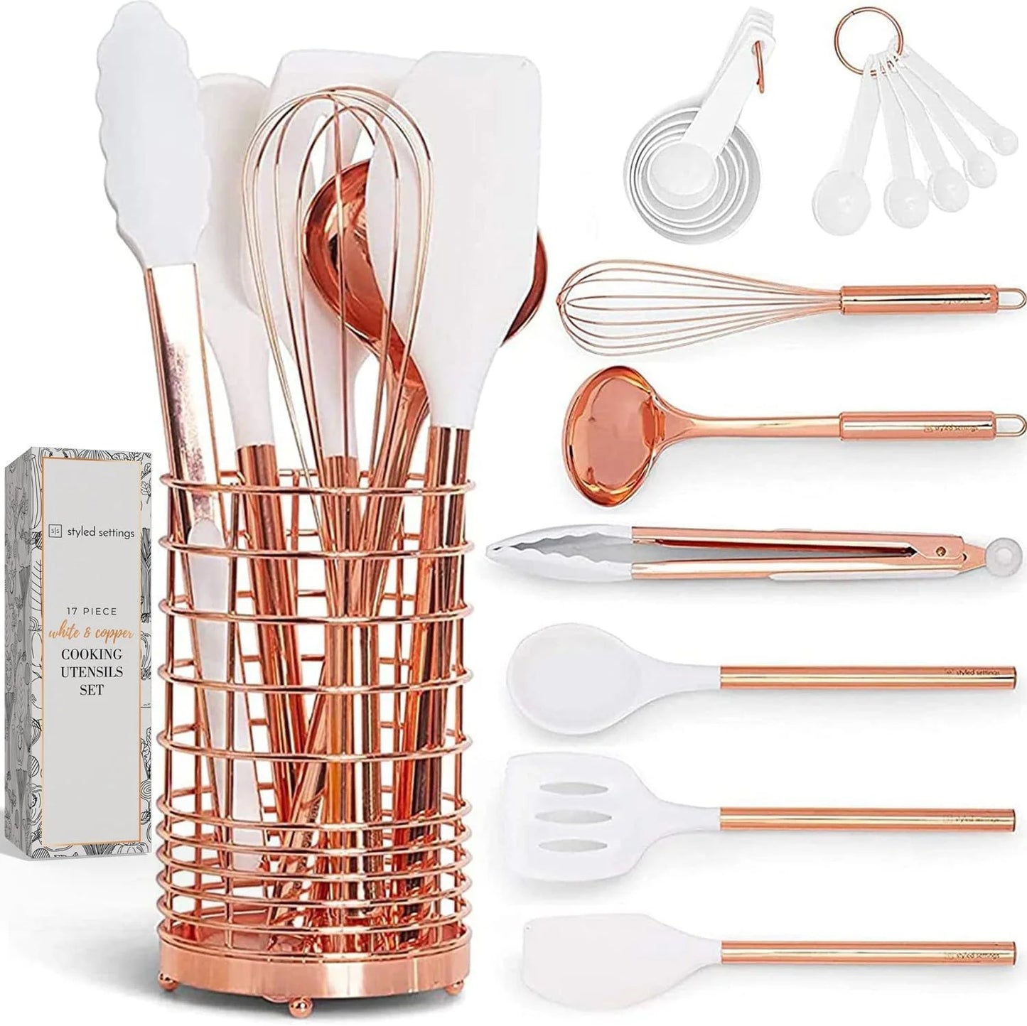 Styled Settings White Silicone & Copper Kitchen Utensils Set with Holder