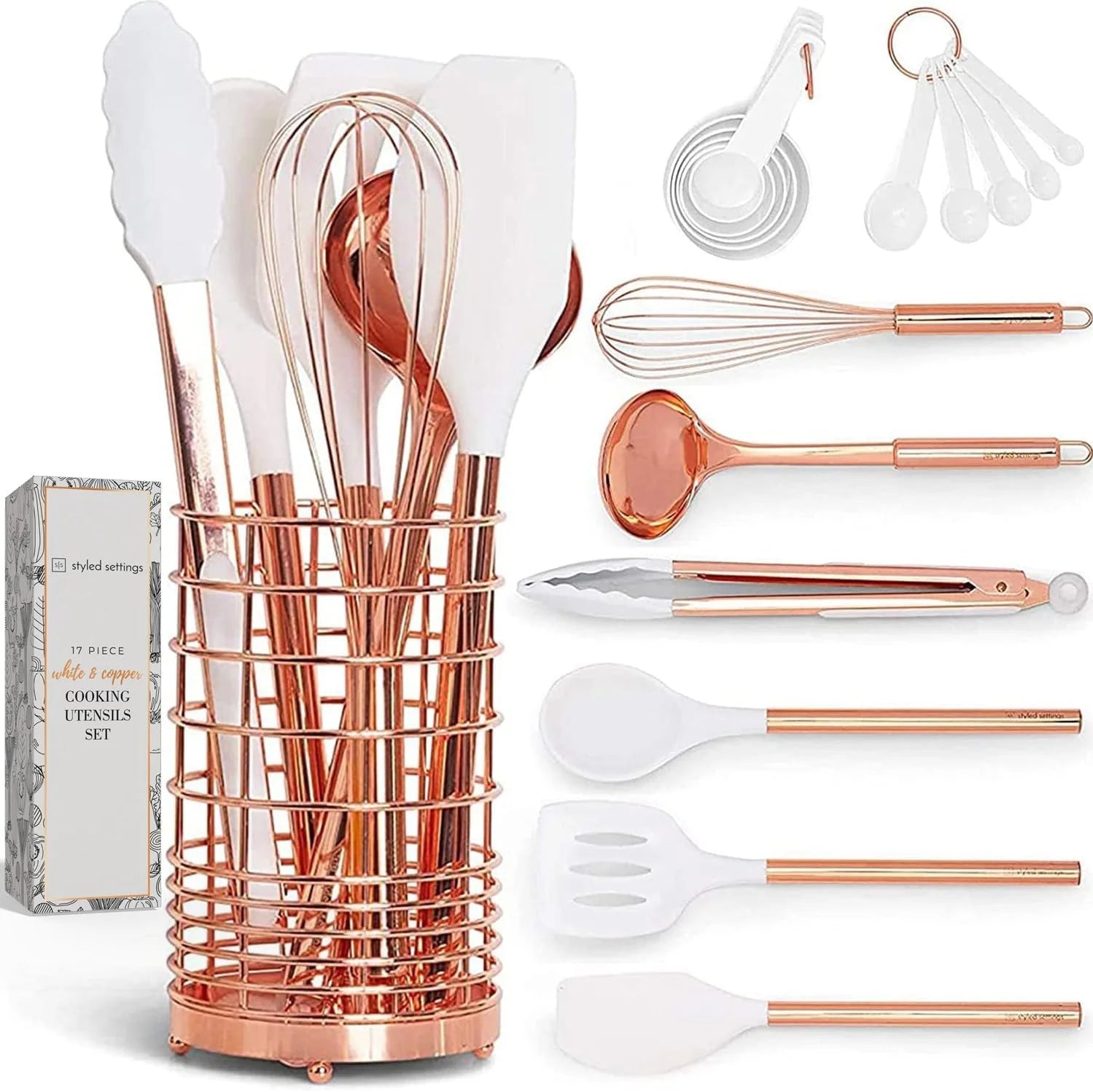 Styled Settings White Silicone & Copper Kitchen Utensils Set with Holder