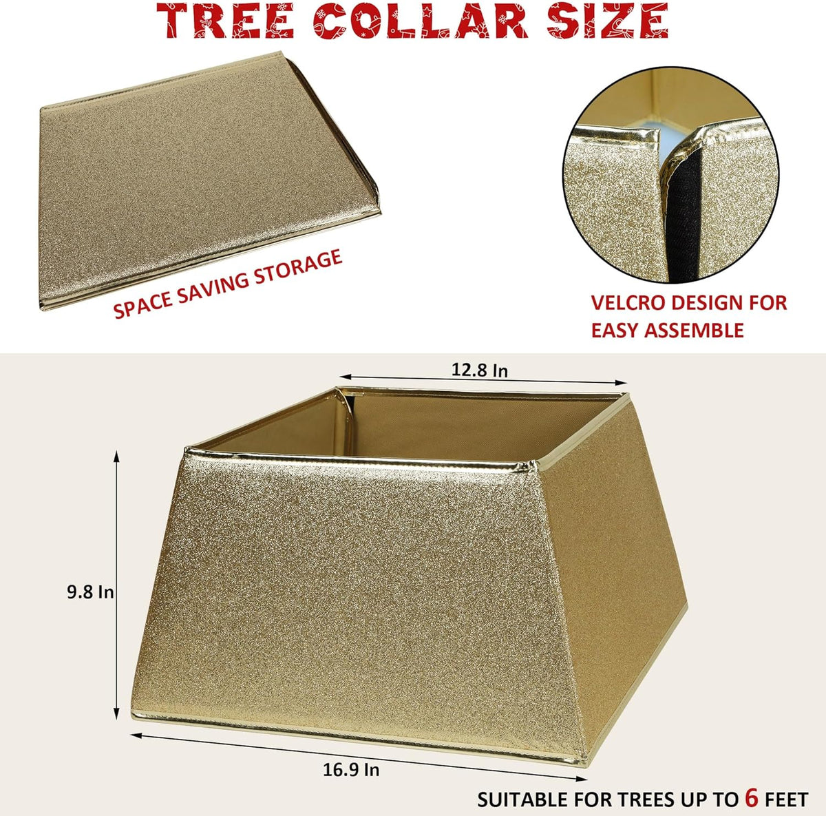 Fabric Christmas Tree Collar, Square Xmas Tree Ring, Glittering Willow Christmas Tree Skirt for Christmas Tree Decorations (Glitter Gold)