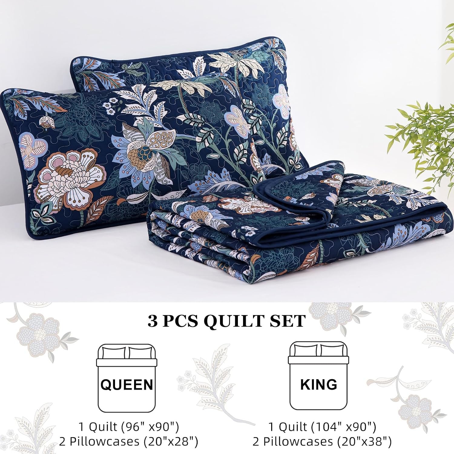 WONGS BEDDING Quilt Set Queen Size, Navy Blue Botanical Queen Bedspread Bedding Sets, 3 Pieces Floral Quilt with 2 Pillowcases,Soft Lightweight Microfiber Coverlet Set for All Season(96"X90")