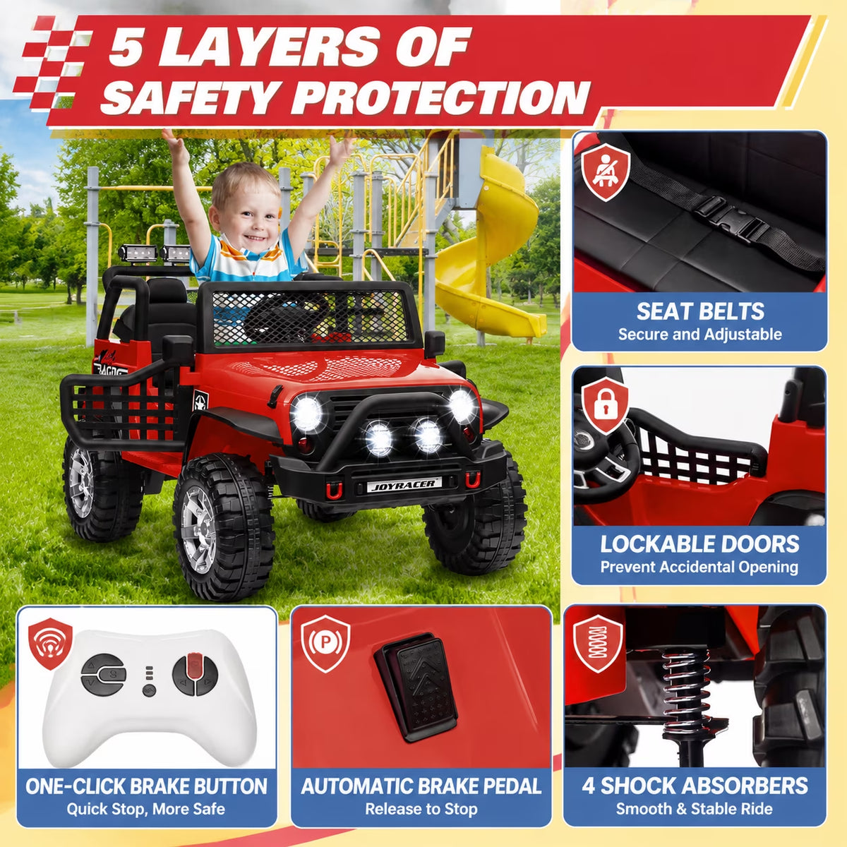 Joyracer 24V 2 Seater Kids Ride on Truck with Remote Control, 4×200W Motor, Electric Battery Powered Toys Car W/ 4 Wheels Spring Suspension, 3 Speeds, LED Lights, Bluetooth Music, Red