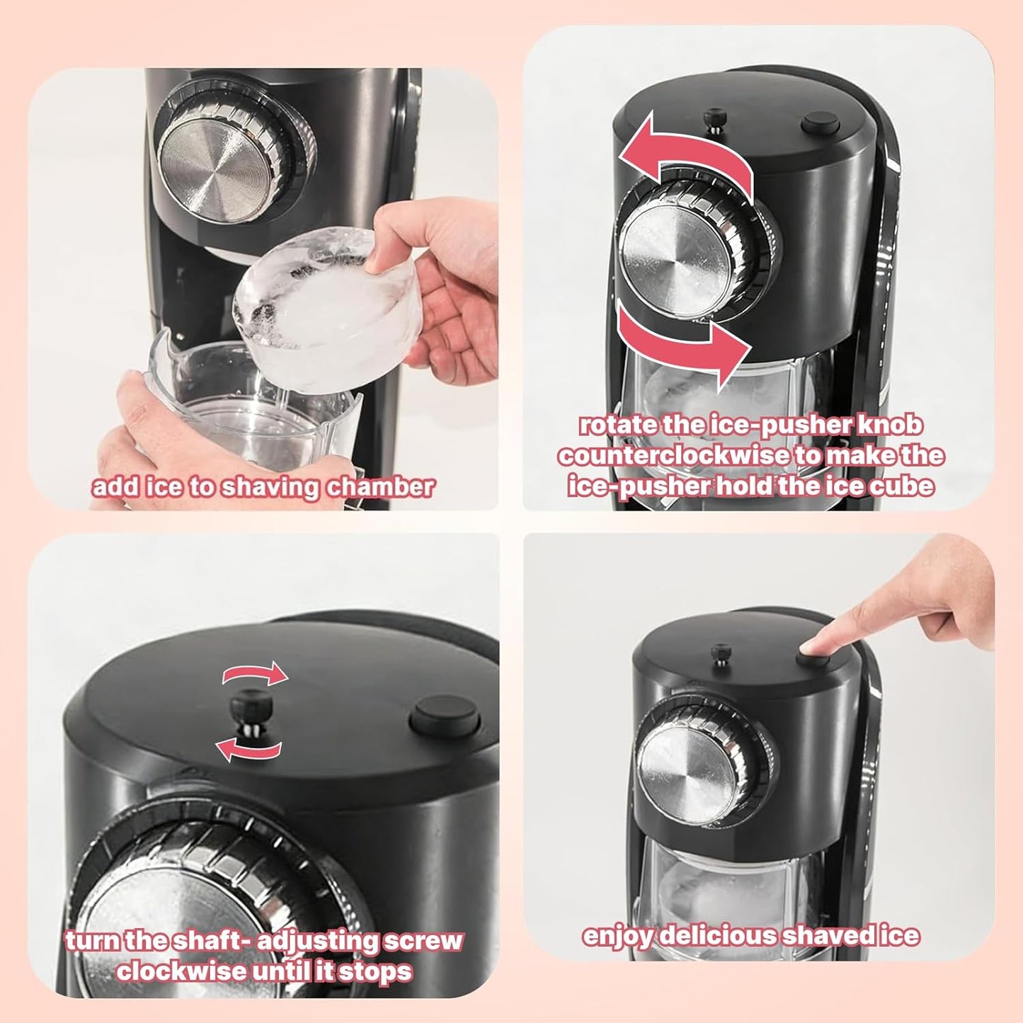 Shaved Ice Machine - Snow Cone Machine Equipped with Stainless Steel Blade Adjustment Knob to Freely Adjust the Thickness of the Snowflakes and 2 Reusable Plastic Ice Mold Cup