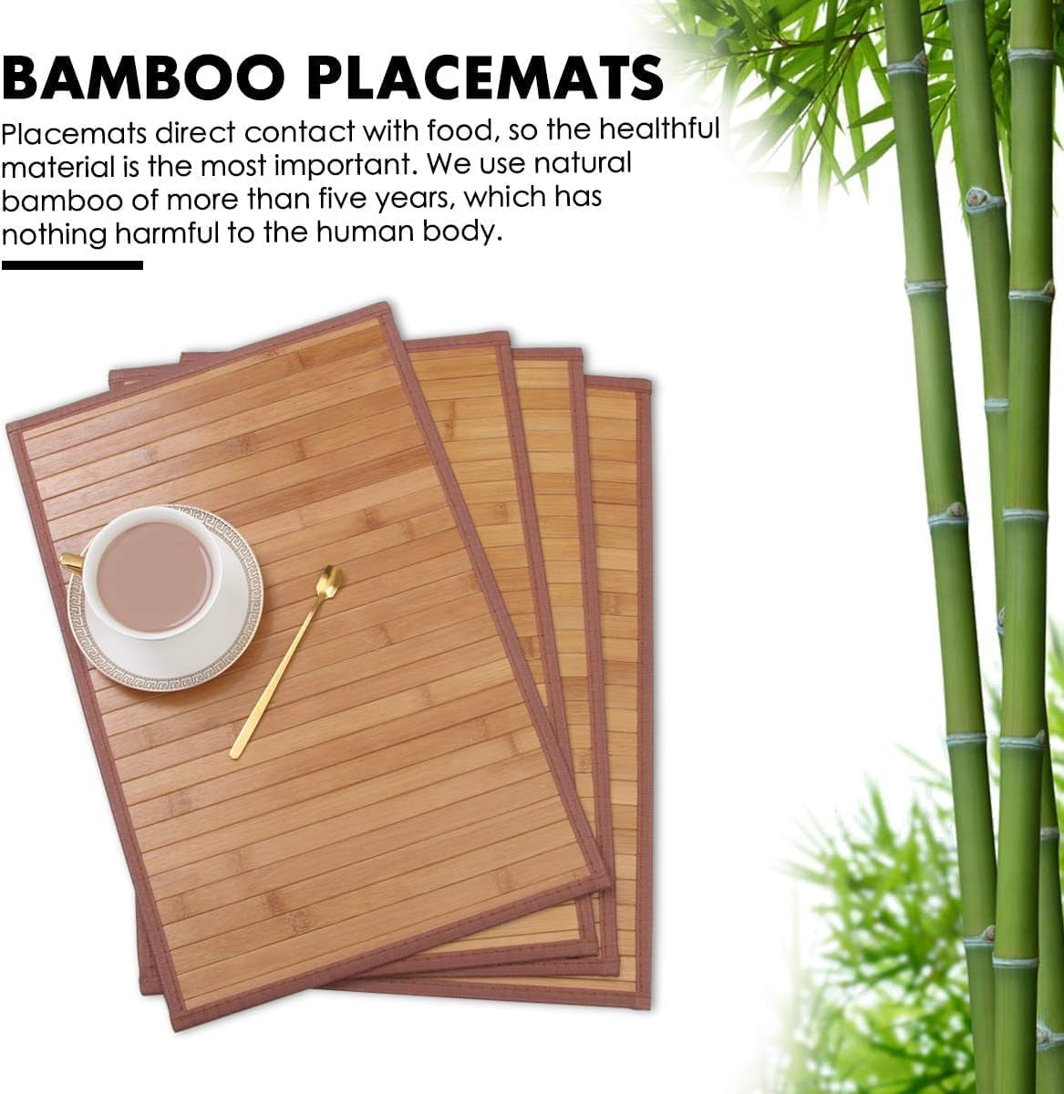 Bamboo Placemats Set of 4, Heat Resistant Place Mats for Dining Table, Durable Bamboo Table Mats, Stain Resistant & Easy Clean Placemats for Kitchen, Indoor/Outdoor Use 11.5 X 17.5 Inch