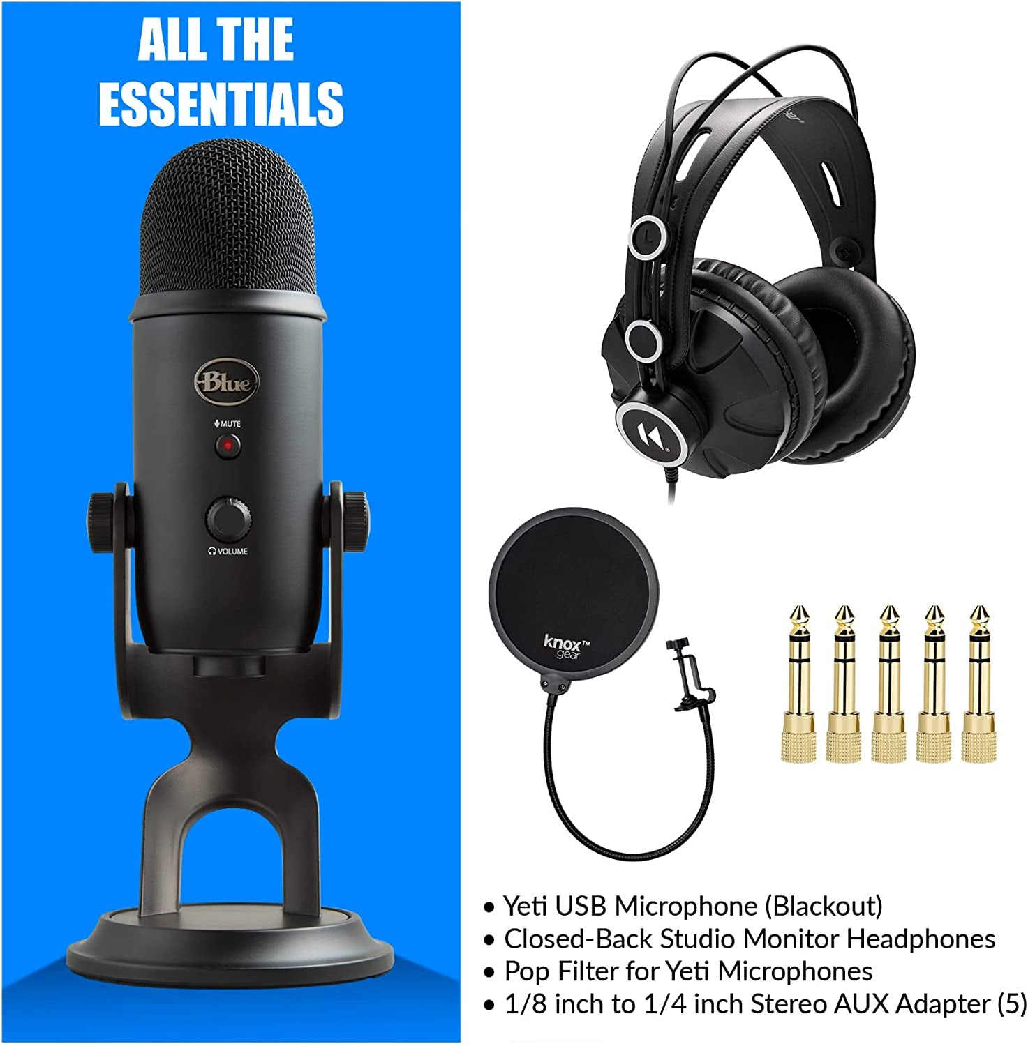 Blue Microphones Yeti USB Microphone (Blackout) Bundle with Knox Gear Headphones and Pop Filter (3 Items)