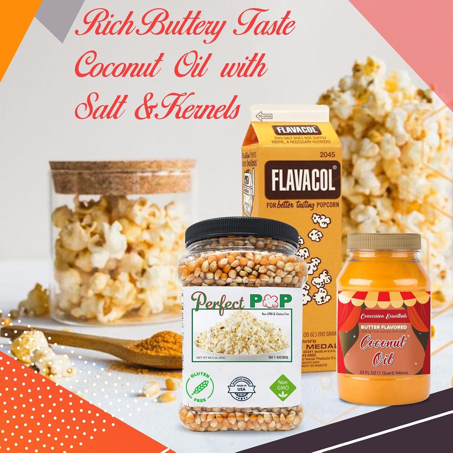 Perfectware Popcorn Kit- (Includes 35Oz Popcorn Season Salt, 4Lbs Yellow Kernels, and 32Oz Butter Flavored Coconut Oil, Plain,Pw-Popcorn Kit-3