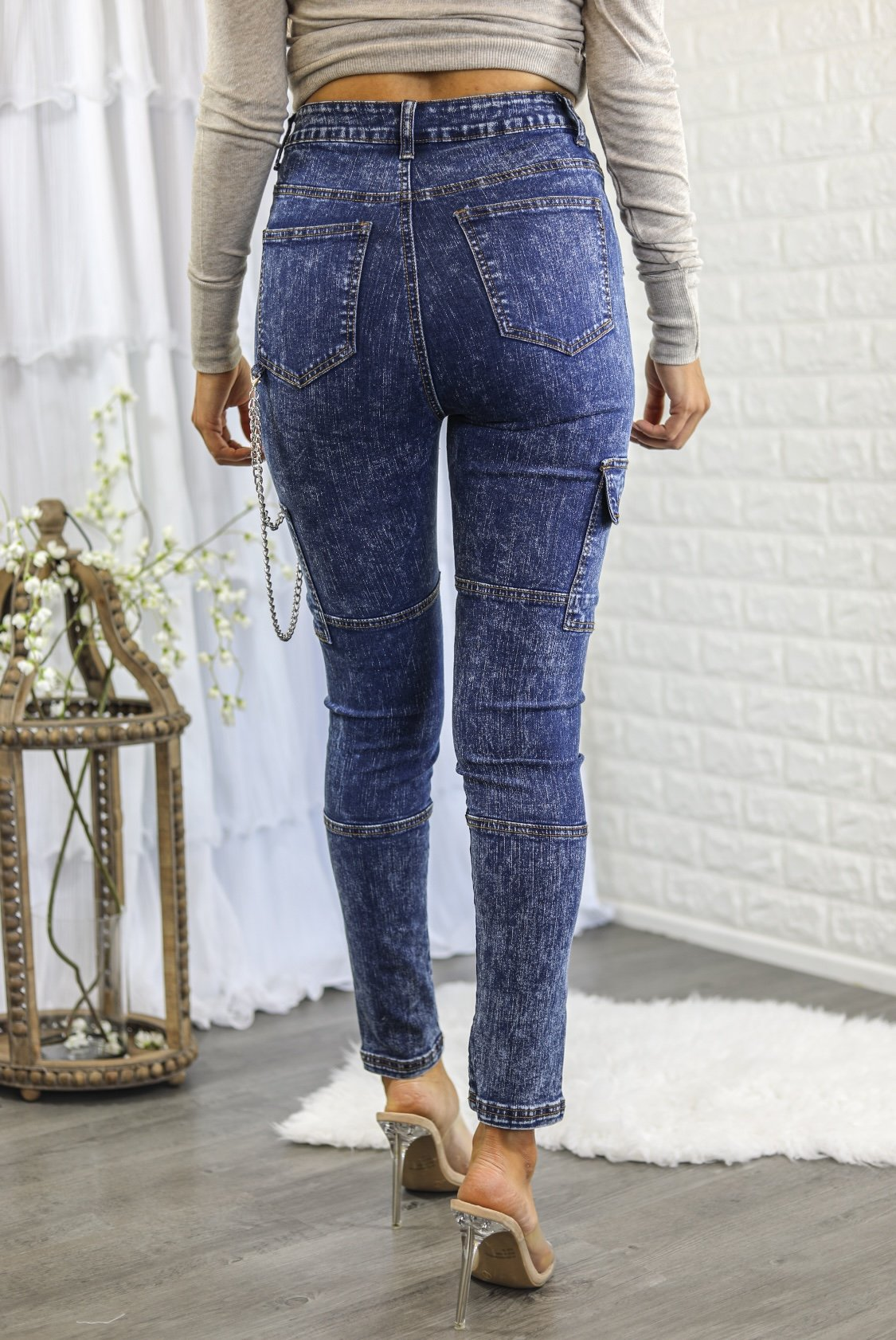 Mineral Wash High Waisted Cargo Style Skinny Jeans