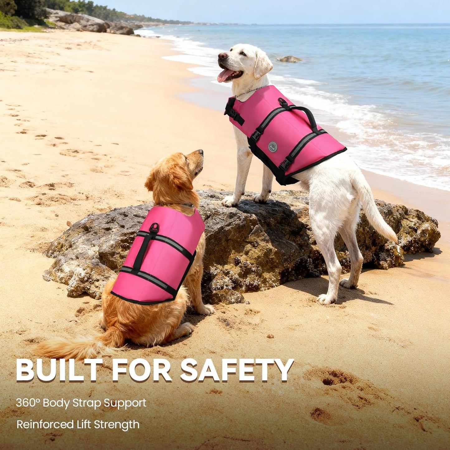 VIVAGLORY Rip Stop Dog Life Vest, Swimming Vest with Handle, Buoyancy for Doggy Puppy, Dog Life Jacket for Swimming & Boating, M, Pink