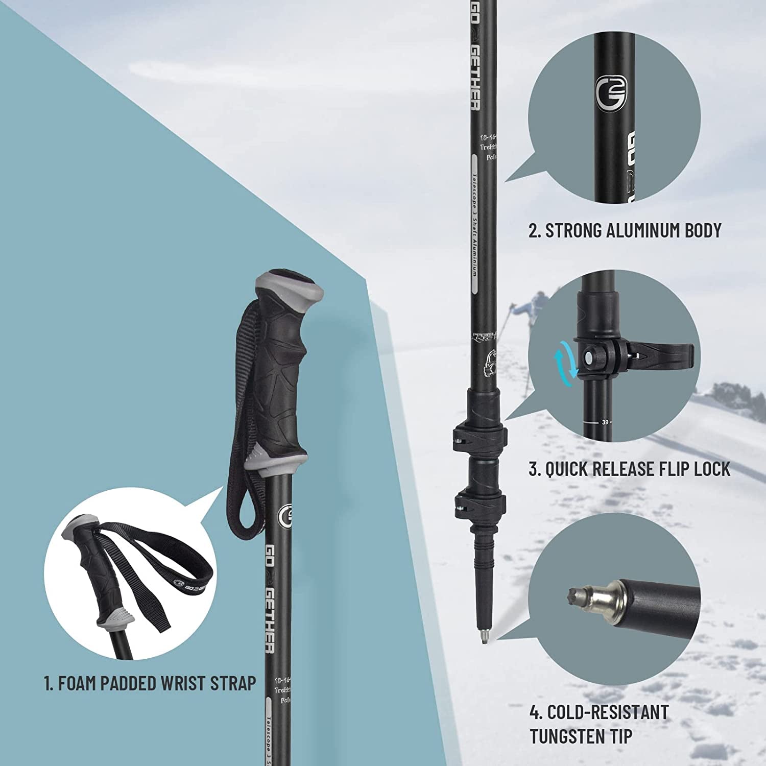 G2 GO2GETHER Aluminum Trekking Poles - Quick Adjustable Locks, Comfort Handle, Padded Strap, Snow Baskets - Walking Sticks Suitable for Hiking, Walking