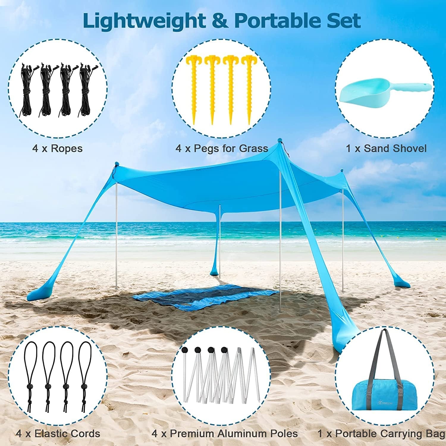 COMMOUDS Beach Tent, Camping Sun Shelter with UPF50+ Protection, Sand Shovels, Ground Pegs and 4 Stability Poles, Outdoor Pop up Beach Shade Canopy for Fishing, Backyard or Picnics